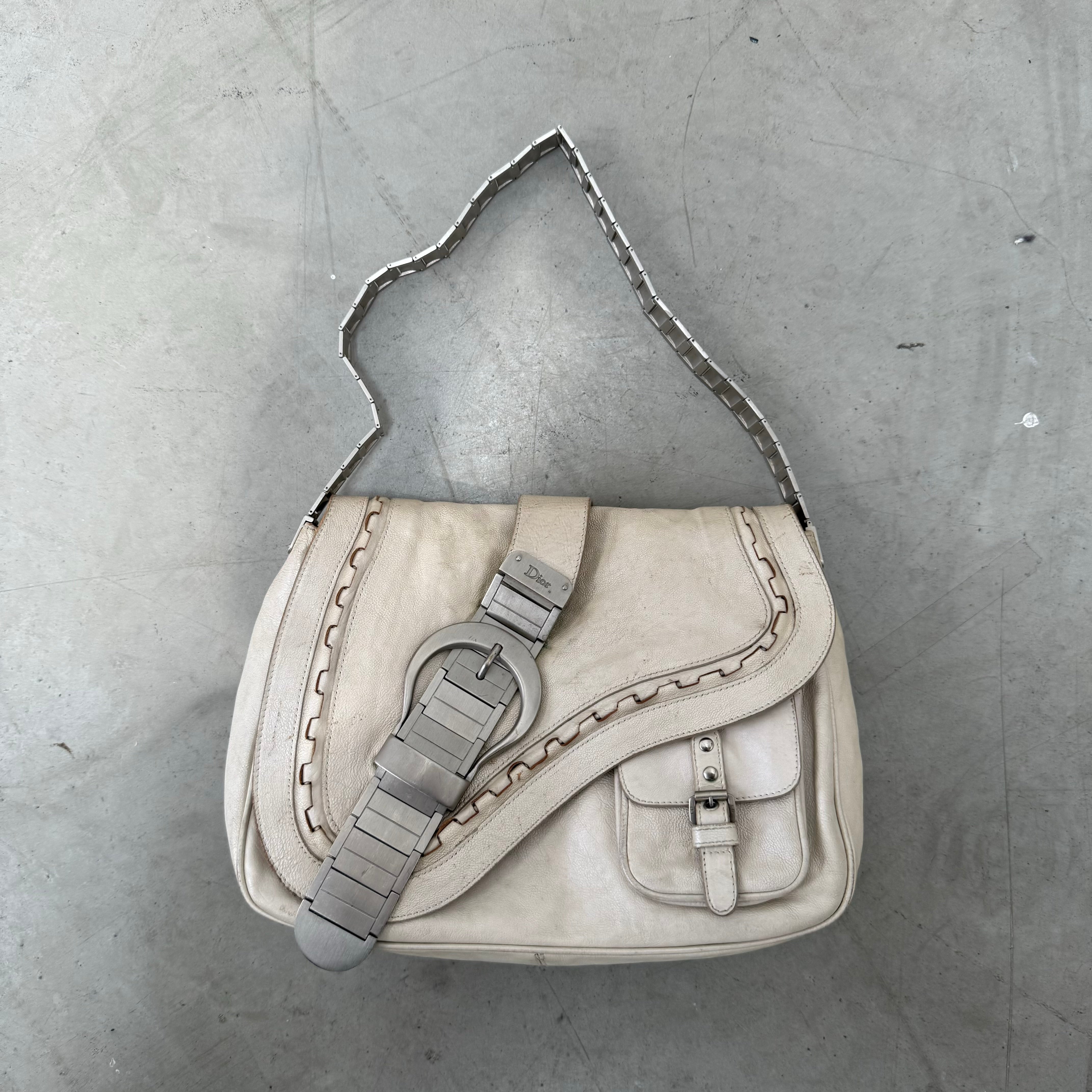 Dior White Leather Gaucho Double Saddle Shoulder Bag (2006 