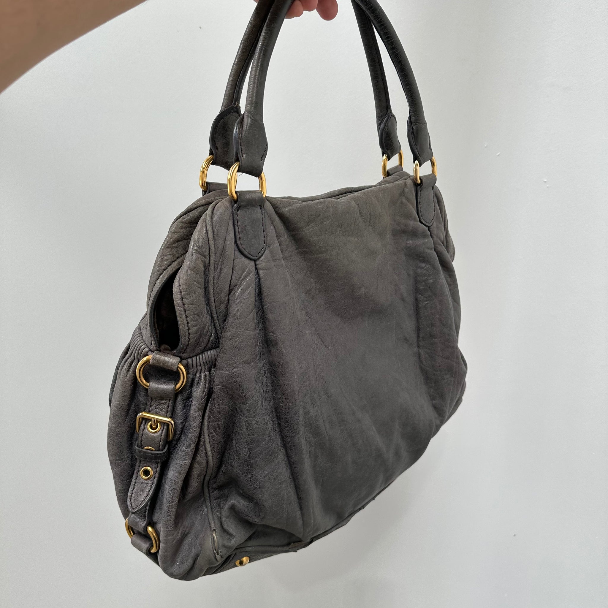Miu Miu Padlock Charm Grey Leather Shoulder Bag