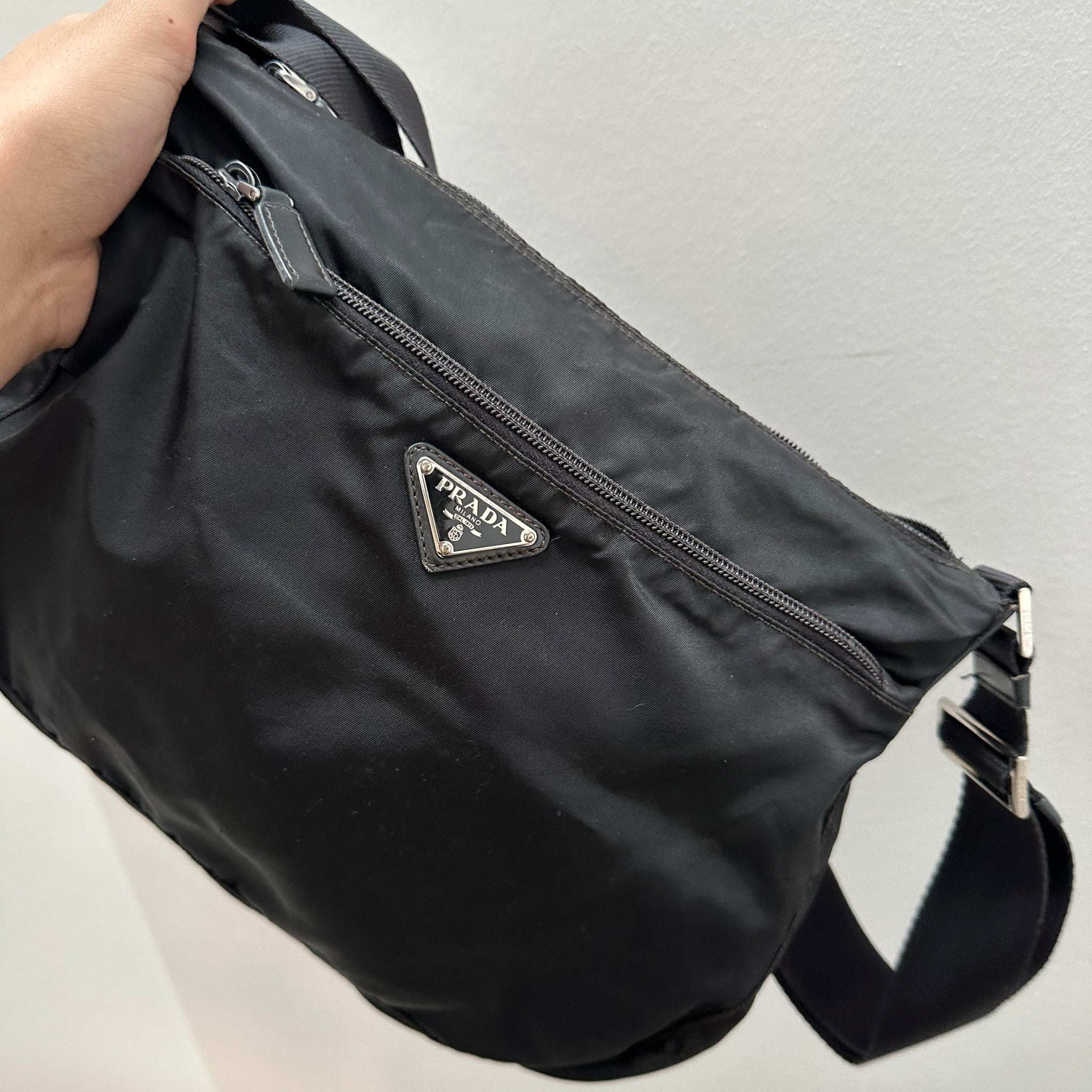 Prada Large Double Zip Black Nylon Crossbody Bag