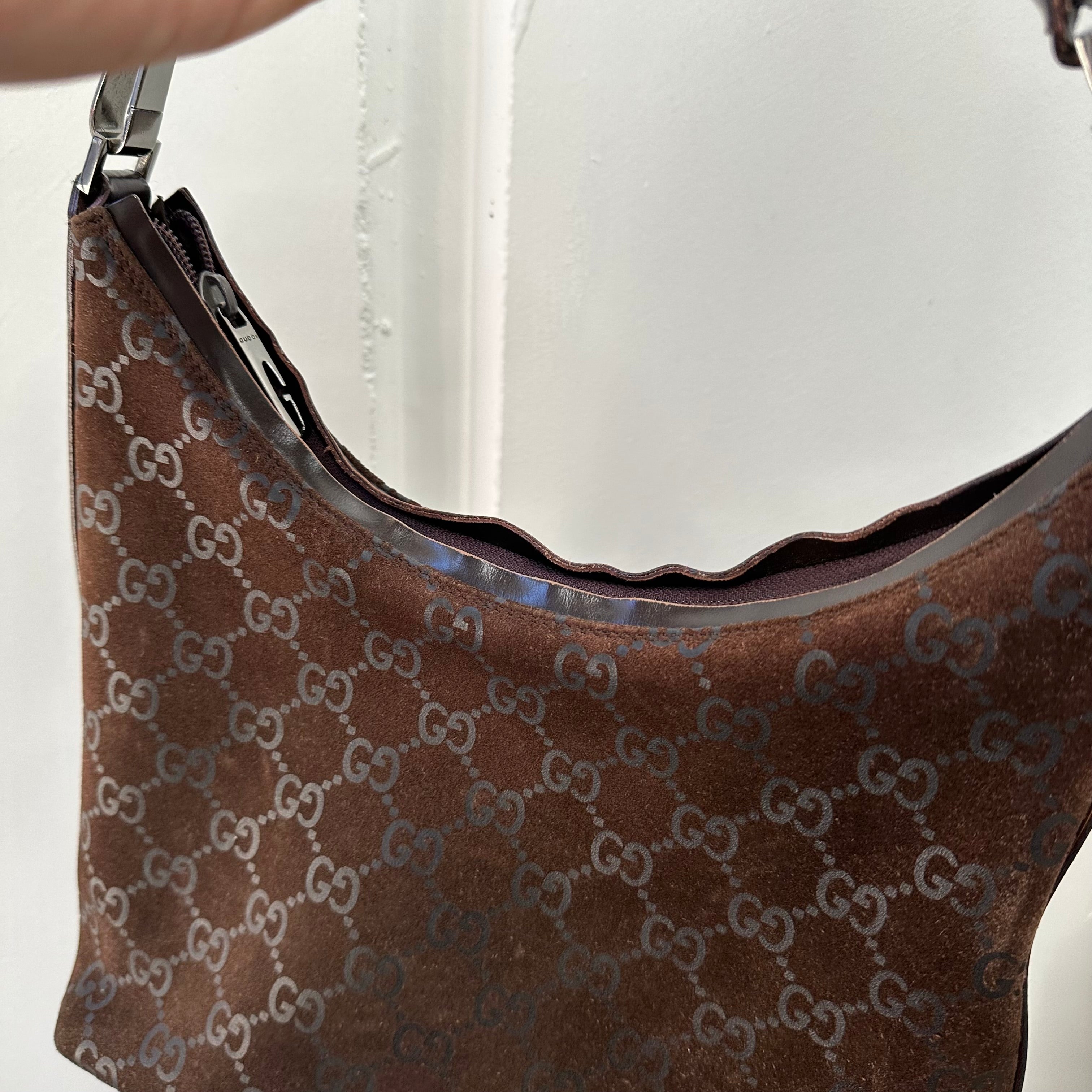 Gucci GG Shoulder Bag Suede Canvas Brown