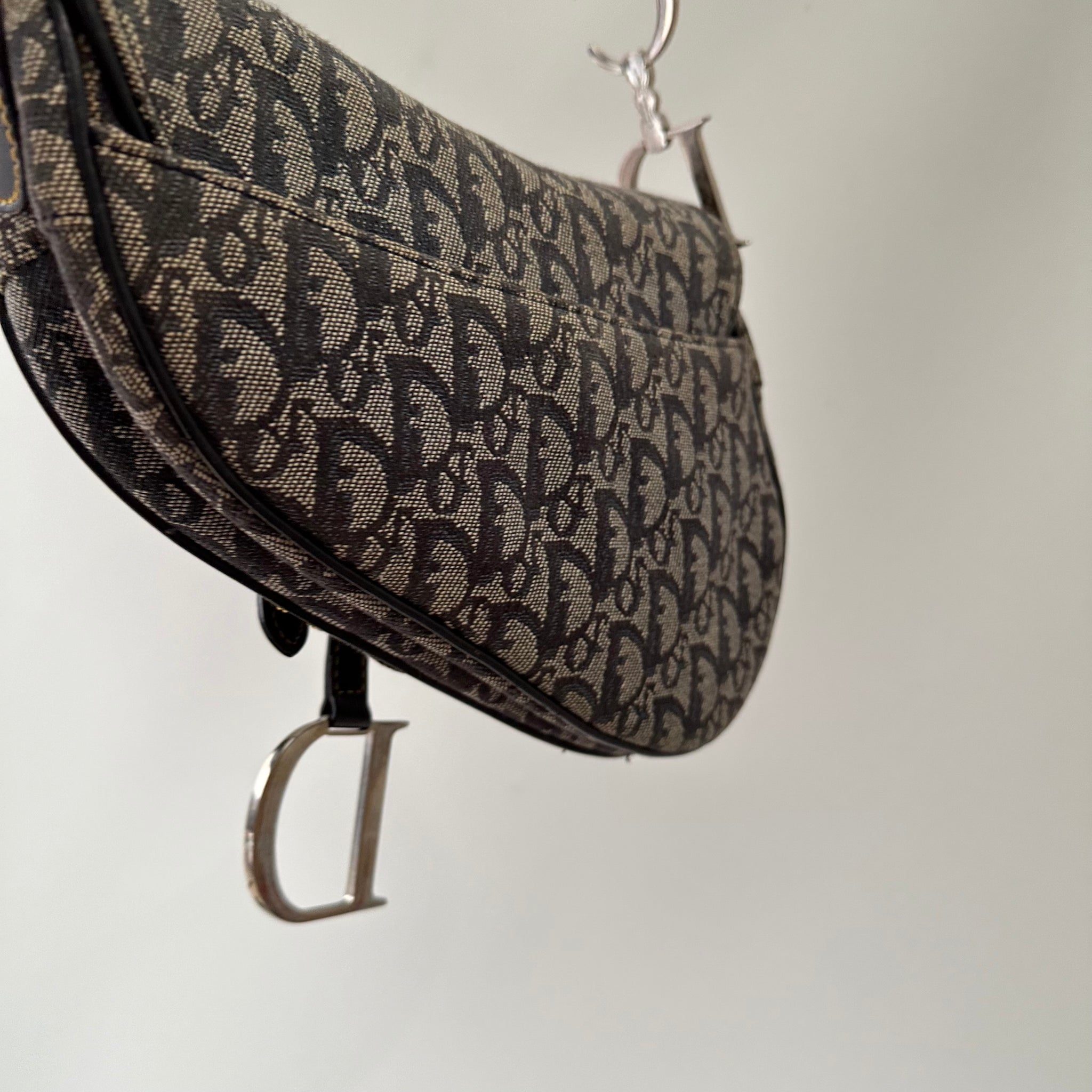 Dior Trotter Saddle Shoulder Bag Canvas Leather Navy Silver Hardware (2003)