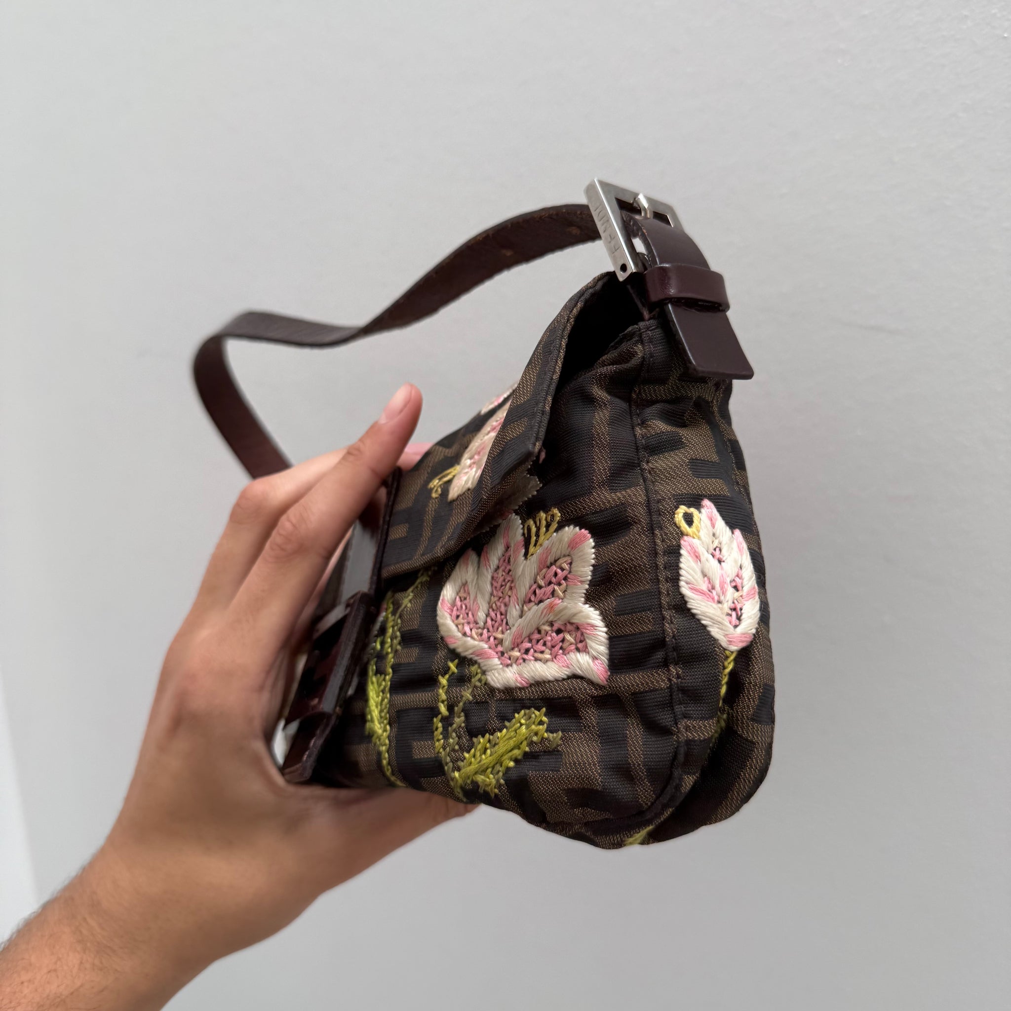 Fendi Baguette Brown Flower Detail Bag