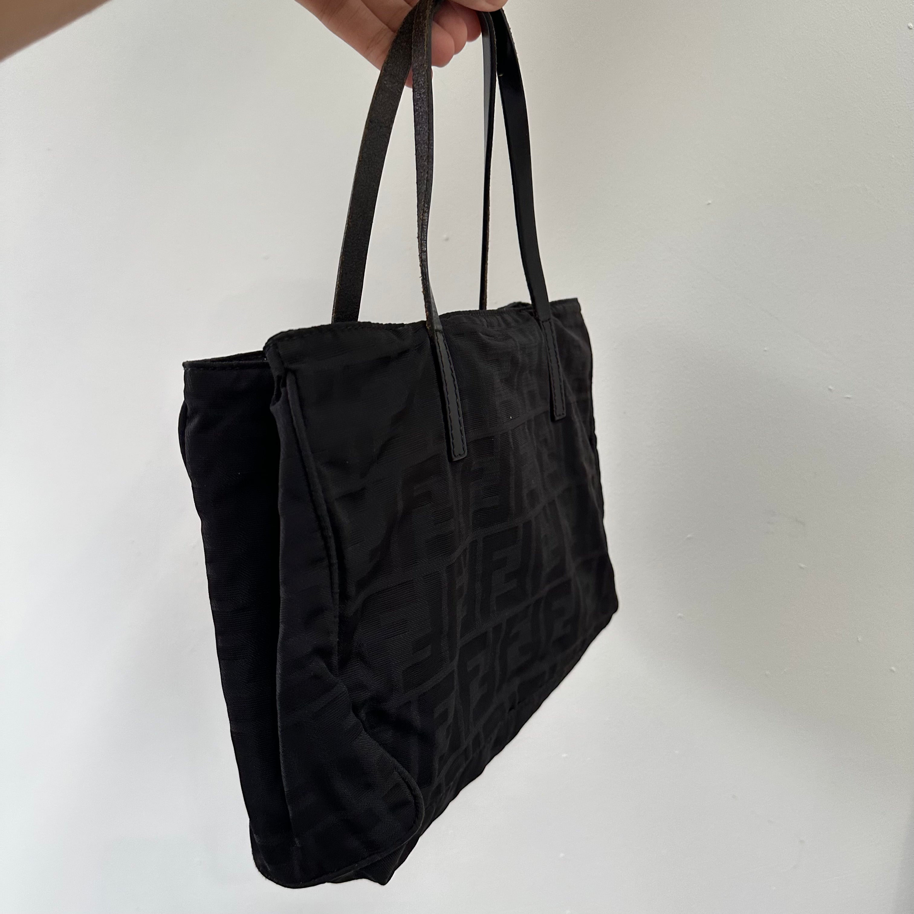 Fendi Silver Logo Mini Zucca Nylon Black Tote Bag