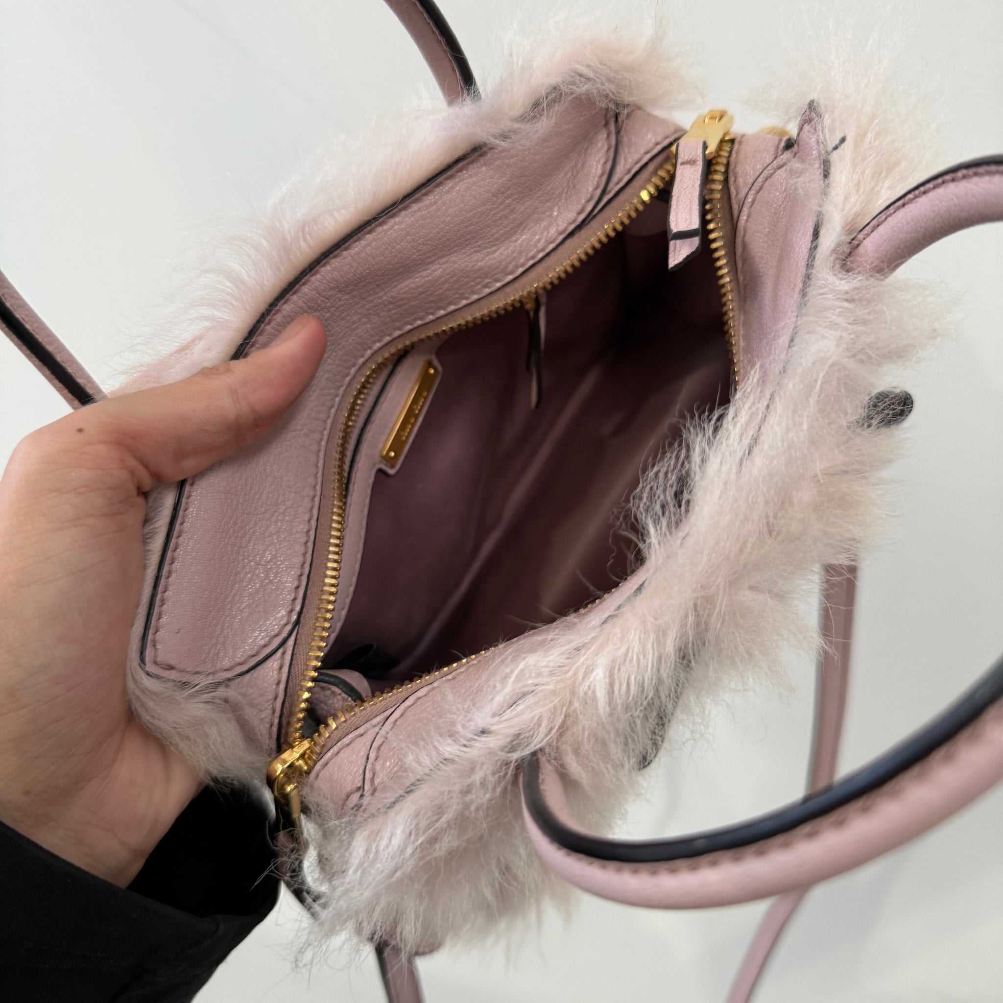 Miu Miu 2 Way Pink Fur Hand Bag with Long Strap