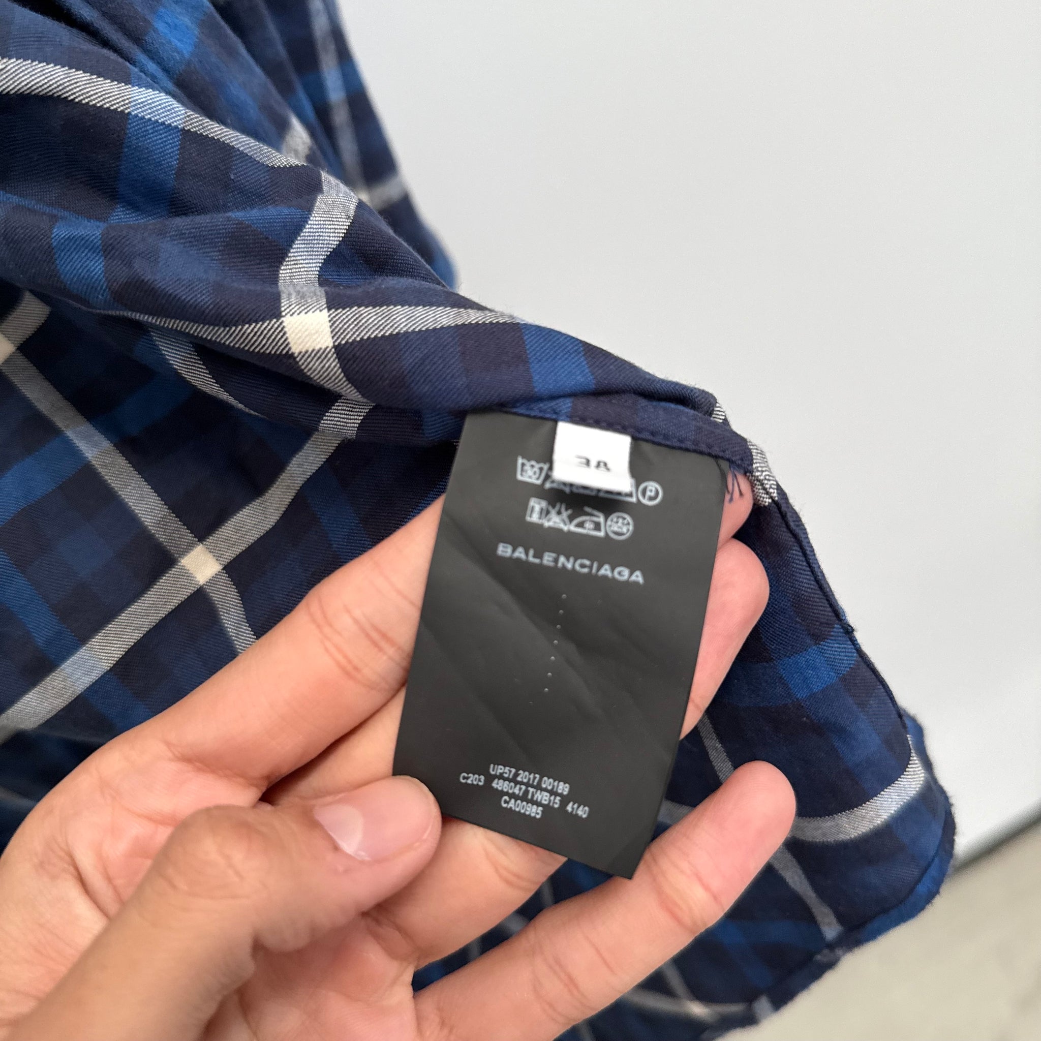 Balenciaga 2017 Plaid Blue Button Up Shirt (Size 38)