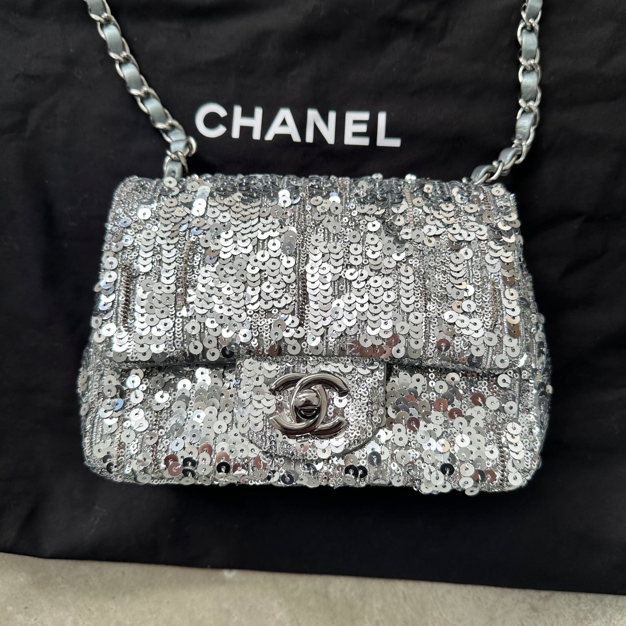 Chanel Silver Sequin Mini Square Classic Single Flap Ruthenium Hardware 2020