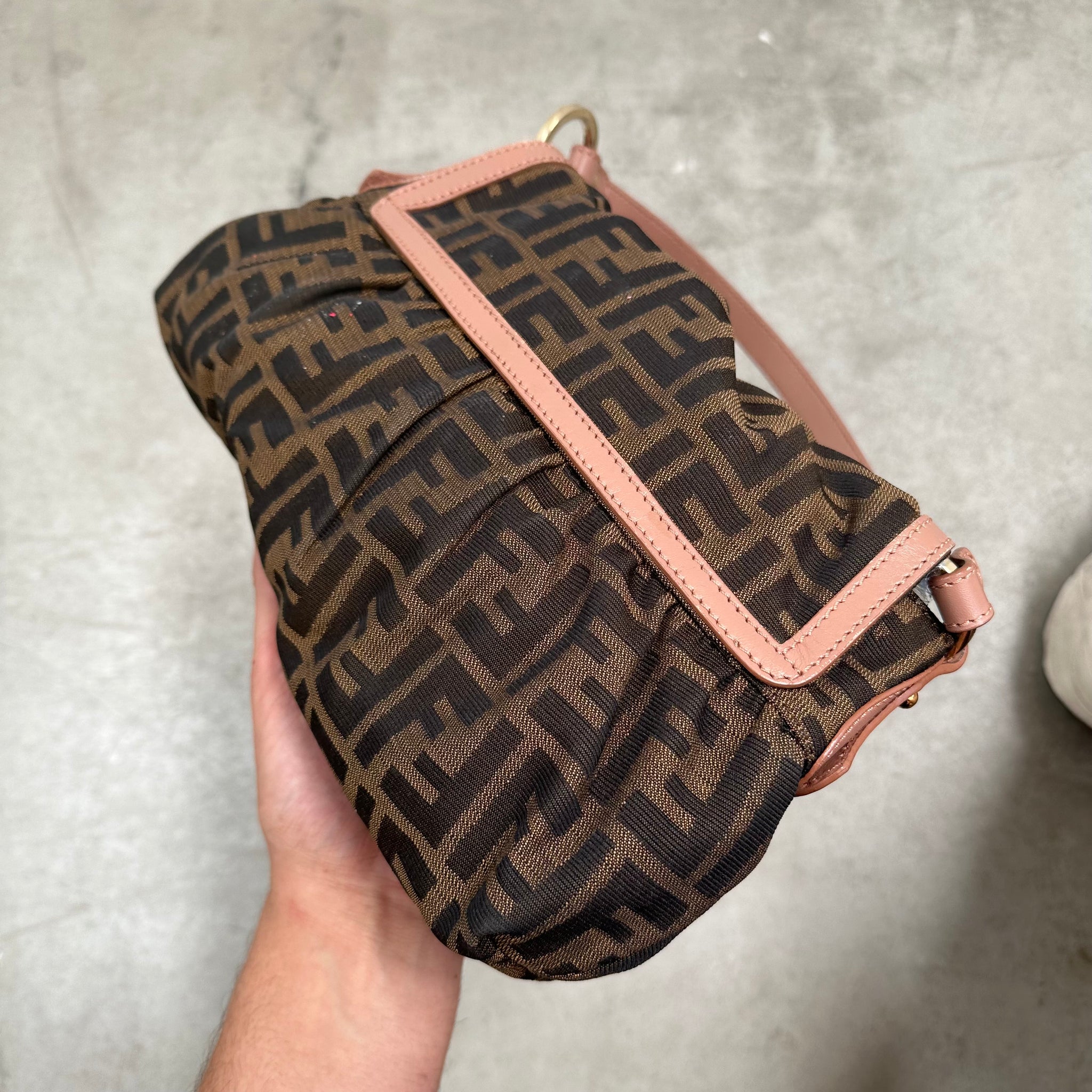 Fendi Zucca Print Canvas Leather Shoulder Bag Brown Pink