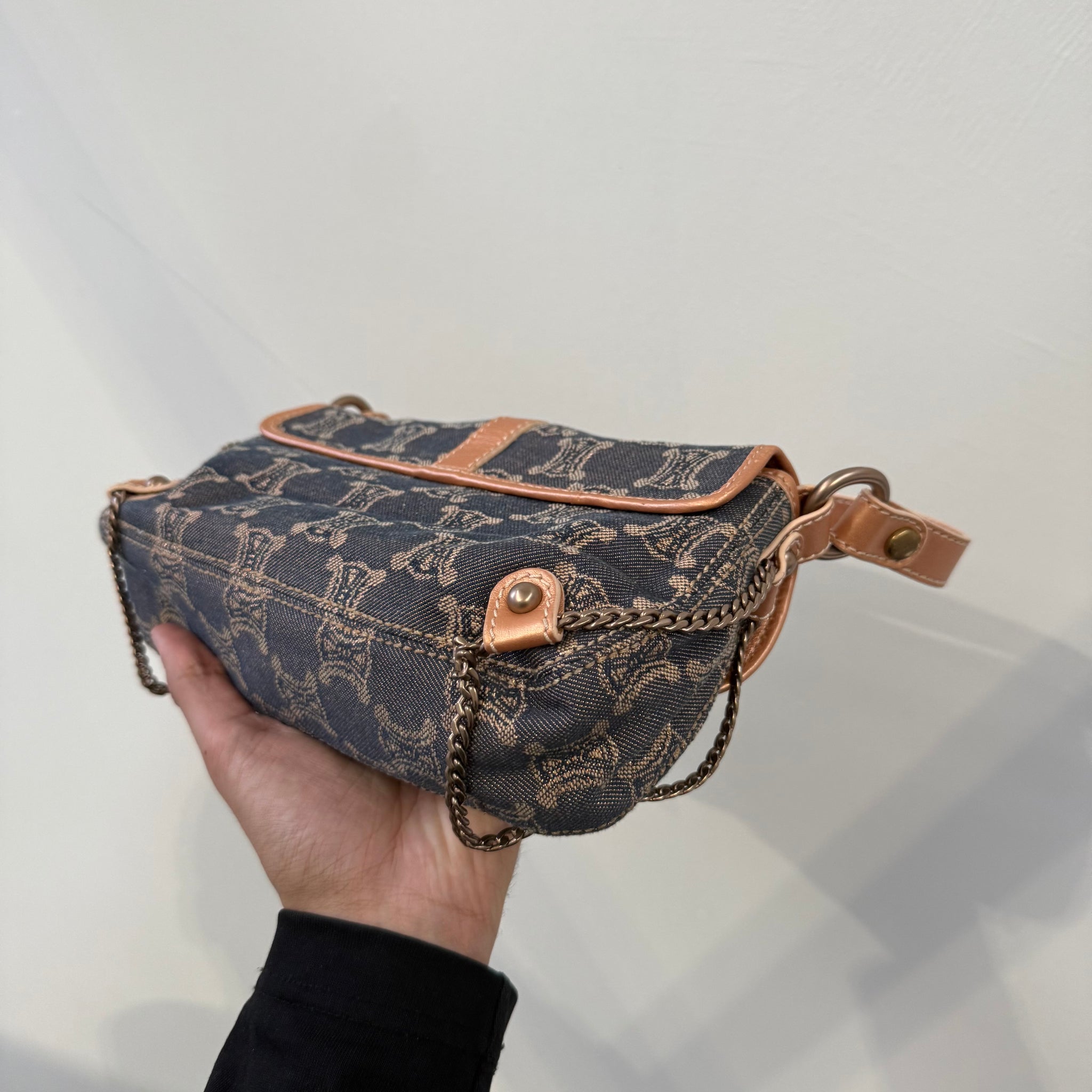 Celine Macadam Canvas Shoulder Bag Denim with Gold Chain Detail