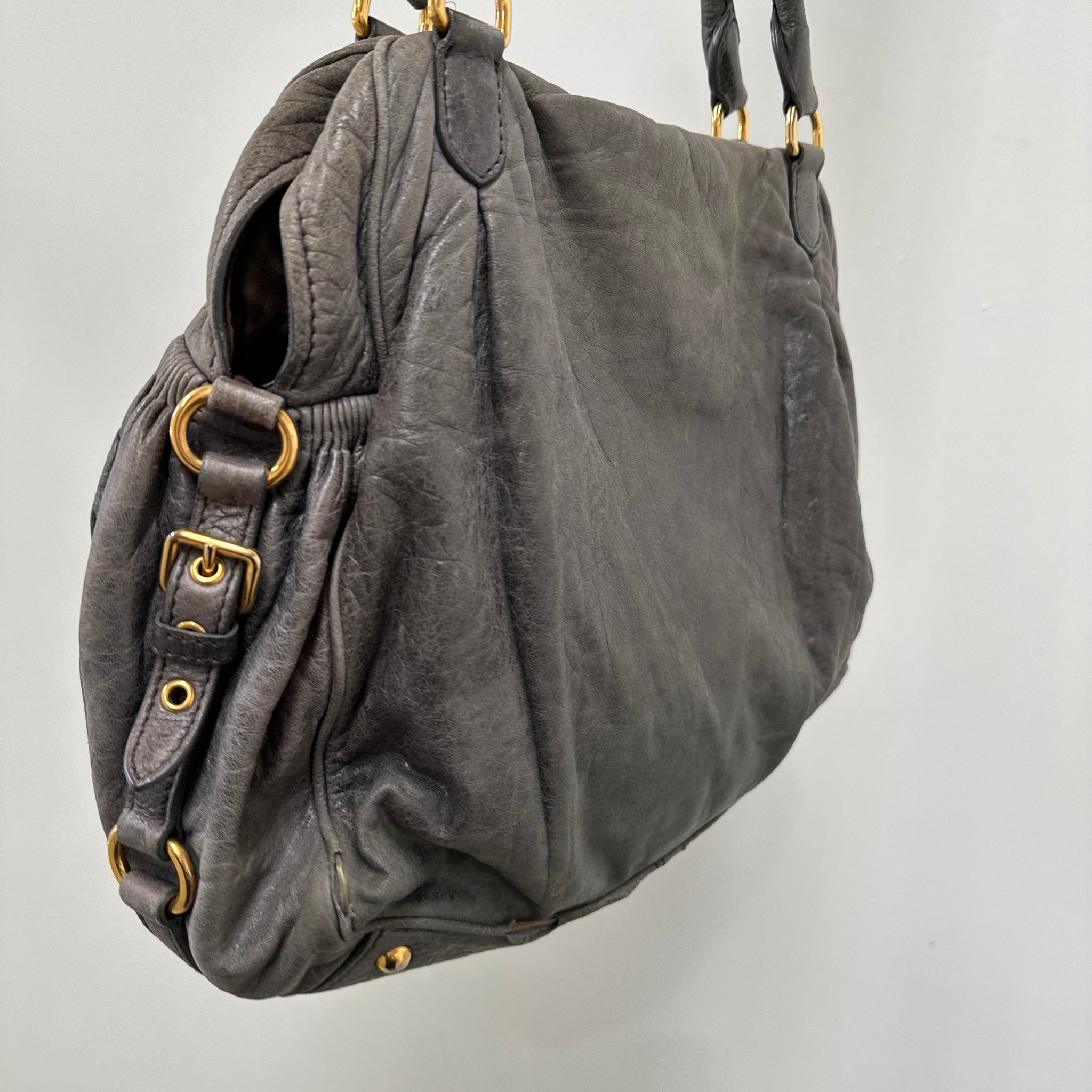 Miu Miu Padlock Charm Grey Leather Shoulder Bag