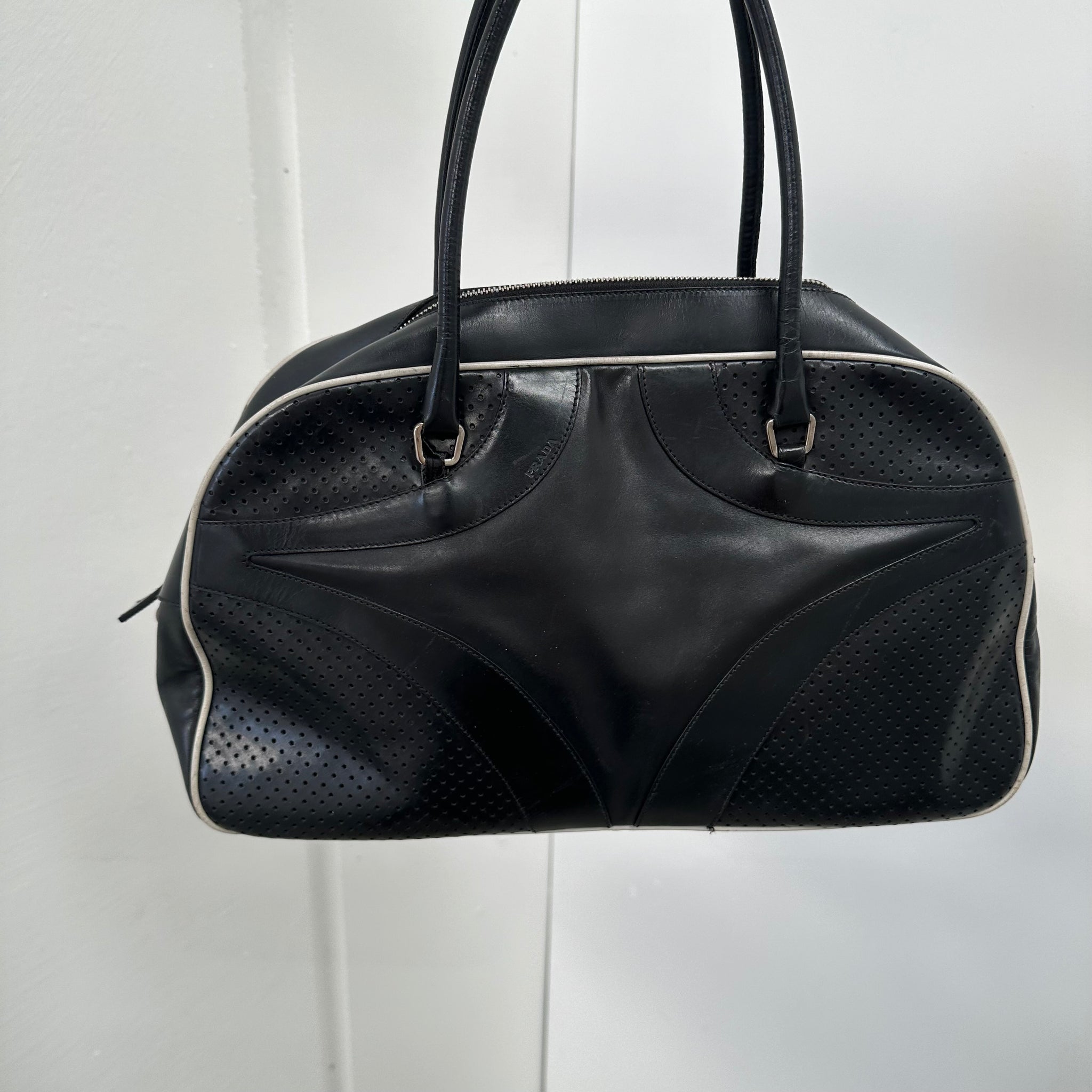 Prada Black Perforated Leather Drive Bowler Bag