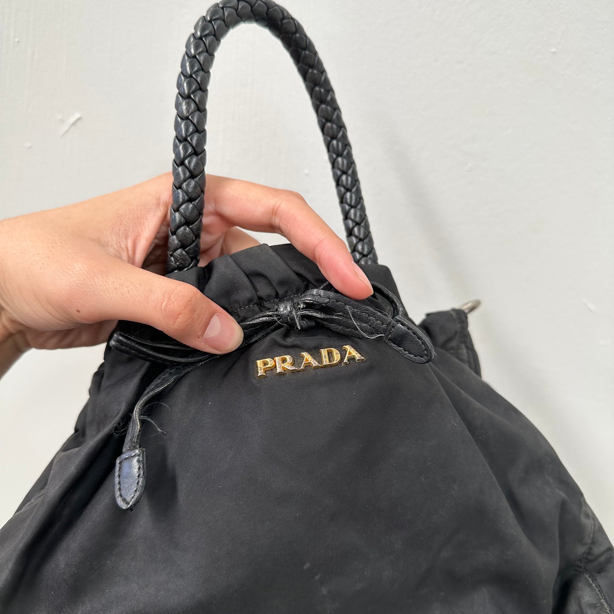 Prada Ribbon Front Logo Hand Bag Nylon Black