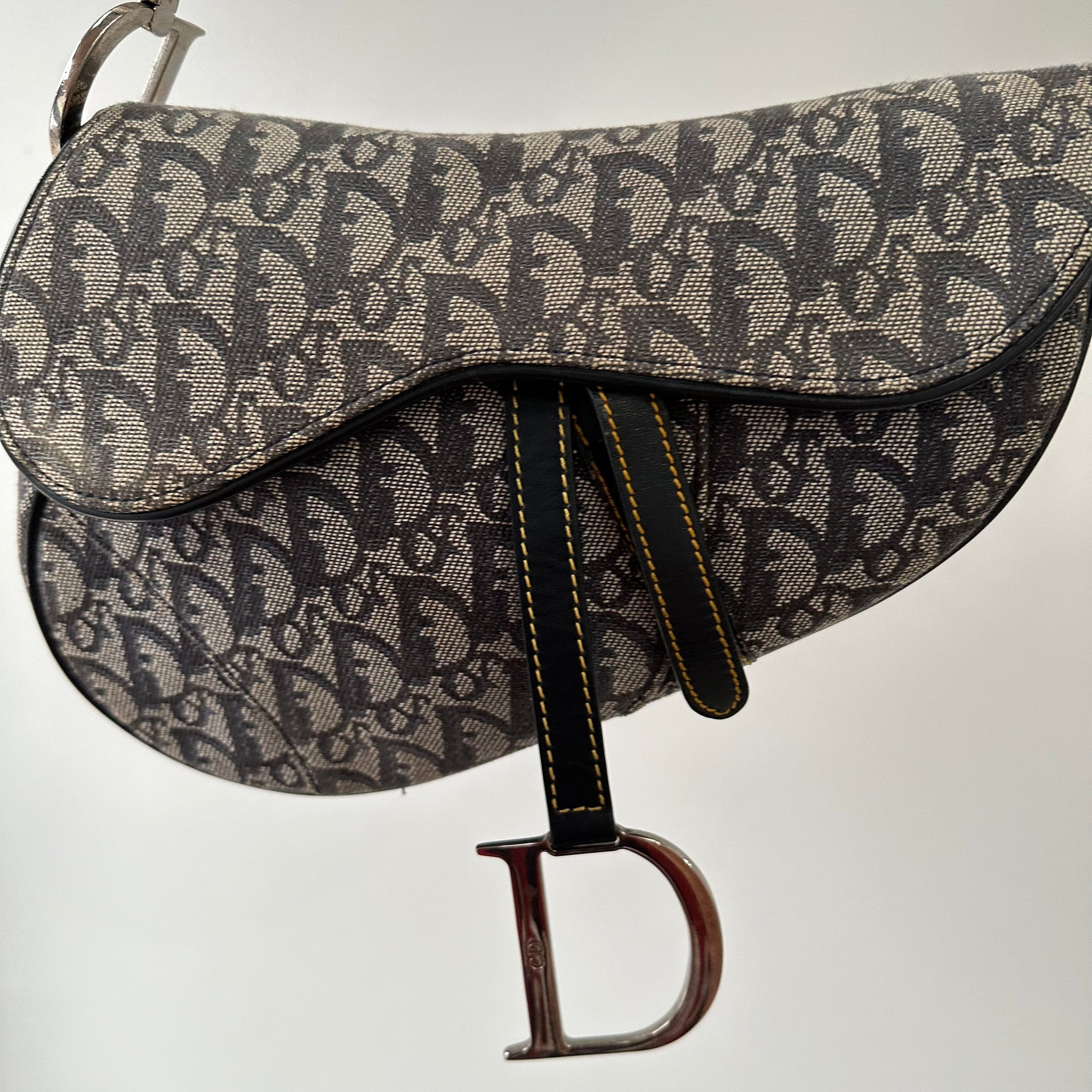 Dior Trotter Saddle Shoulder Bag Canvas Leather Navy Silver Hardware (2003)