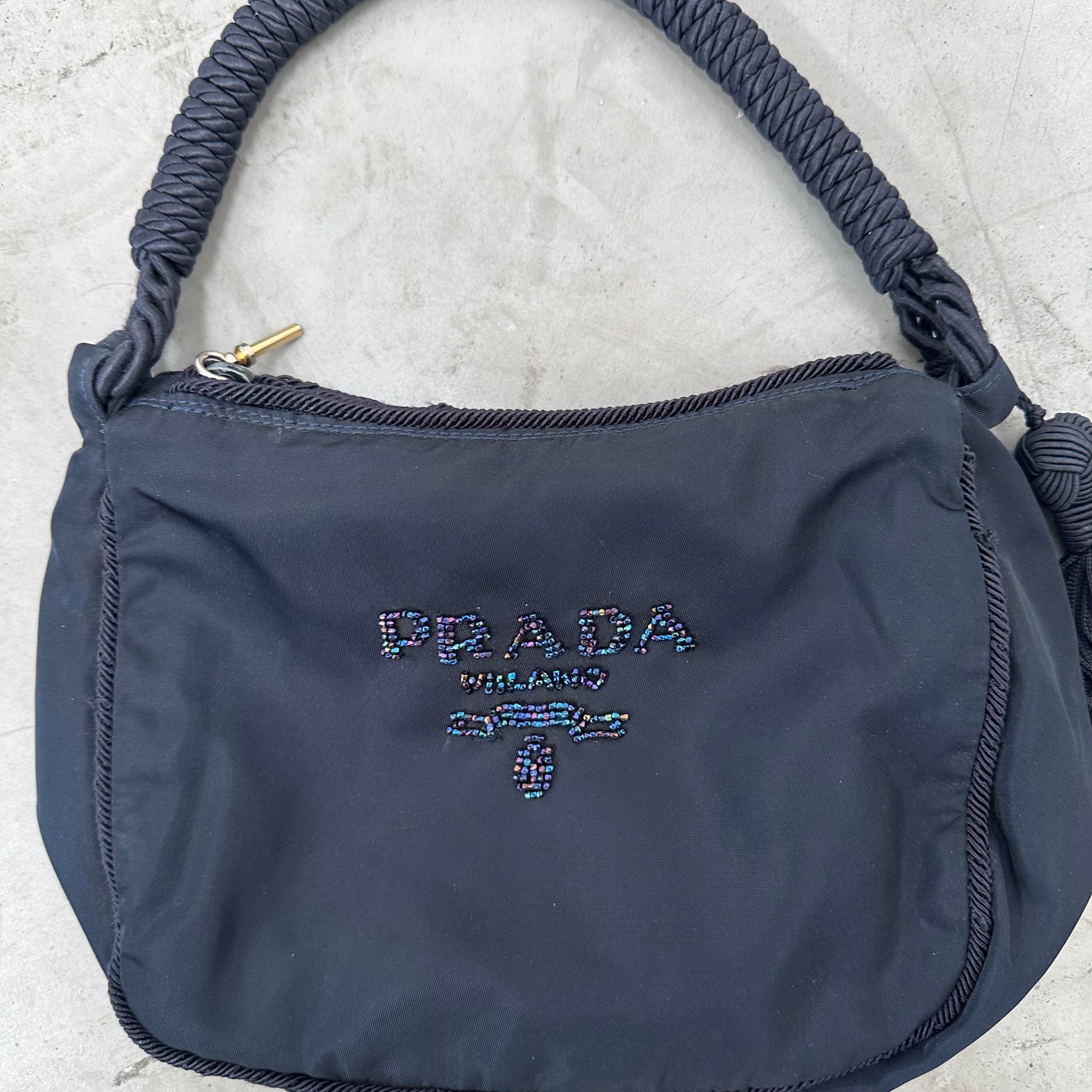 Prada Tessuto Beaded Logo Shoulder Bag Black
