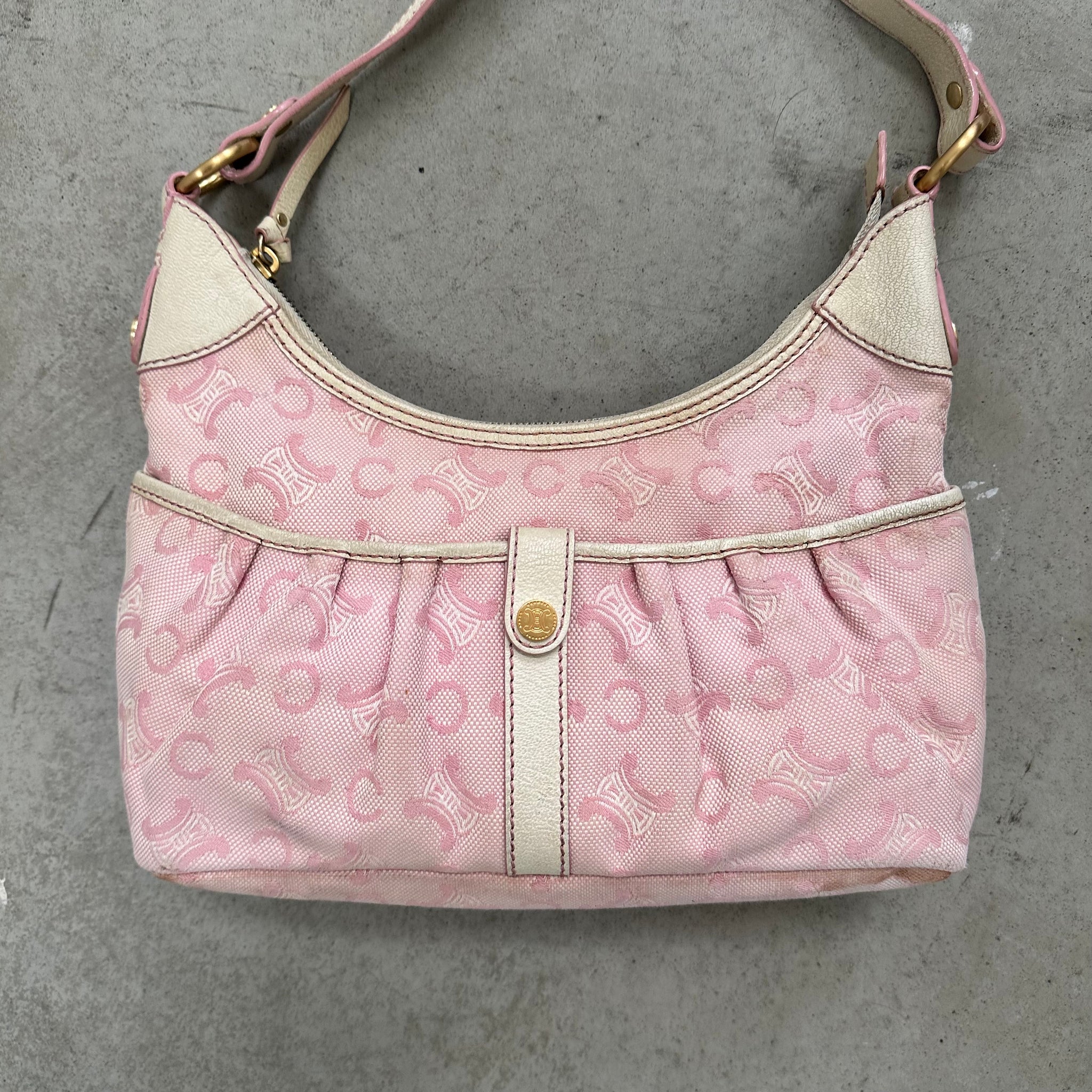 Celine Pink/White Macadam Canvas Hobo Shoulder Bag