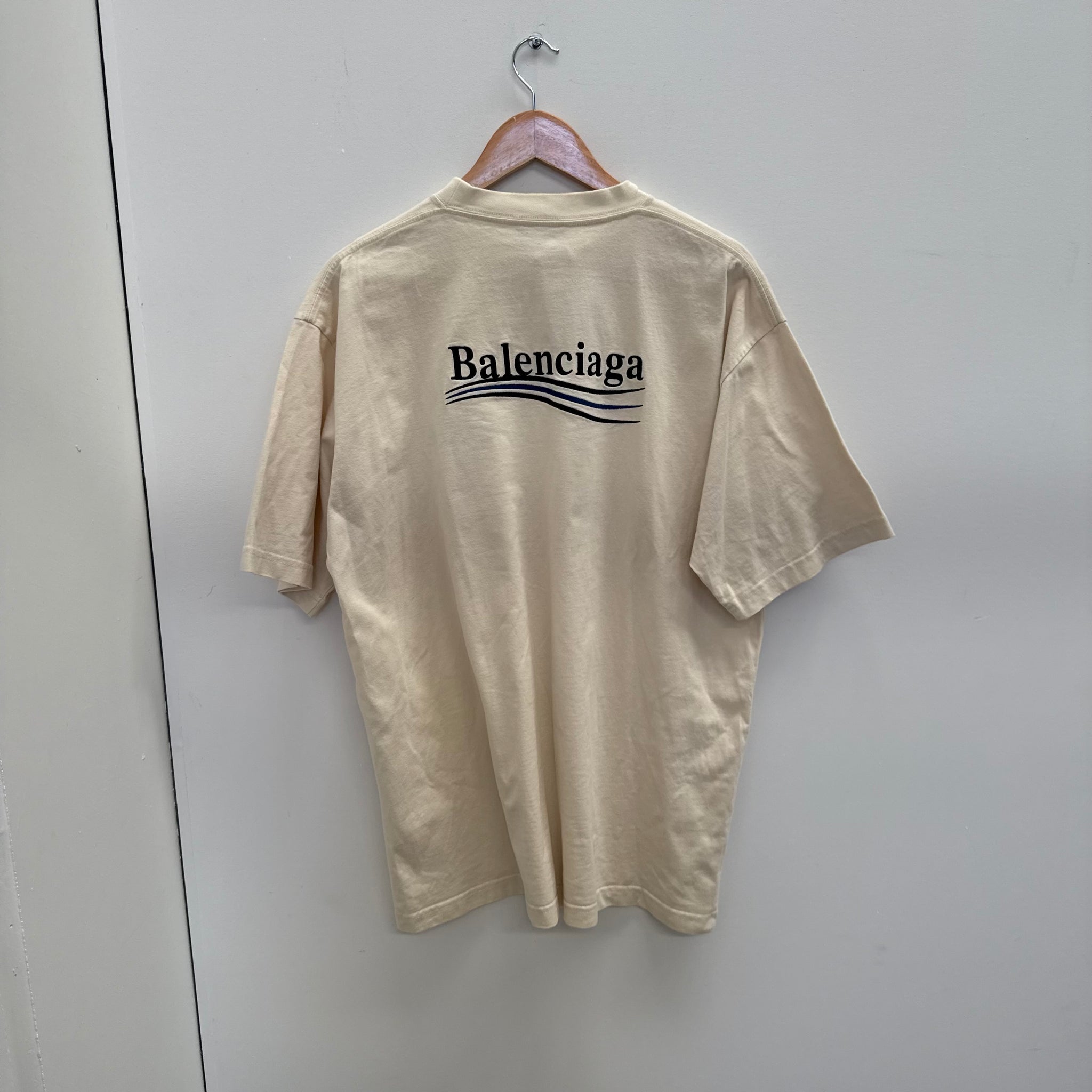 Balenciaga Embroided Campaign Cream Logo T Shirt (fits L-XL)