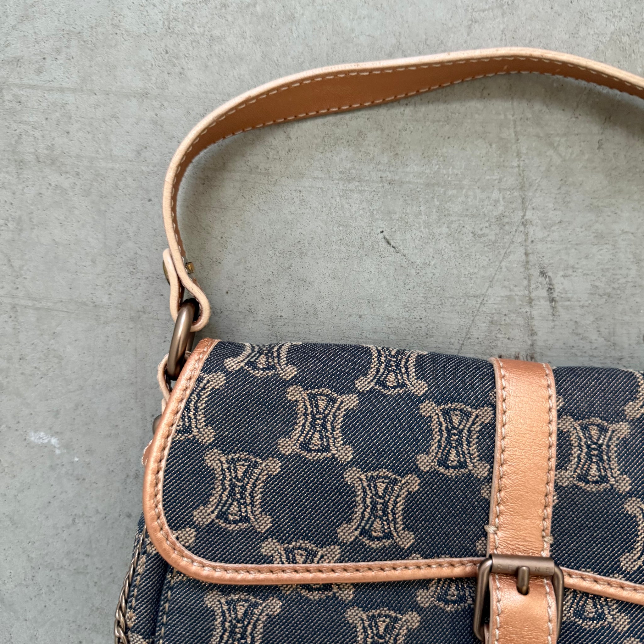 Celine Macadam Canvas Shoulder Bag Denim with Gold Chain Detail