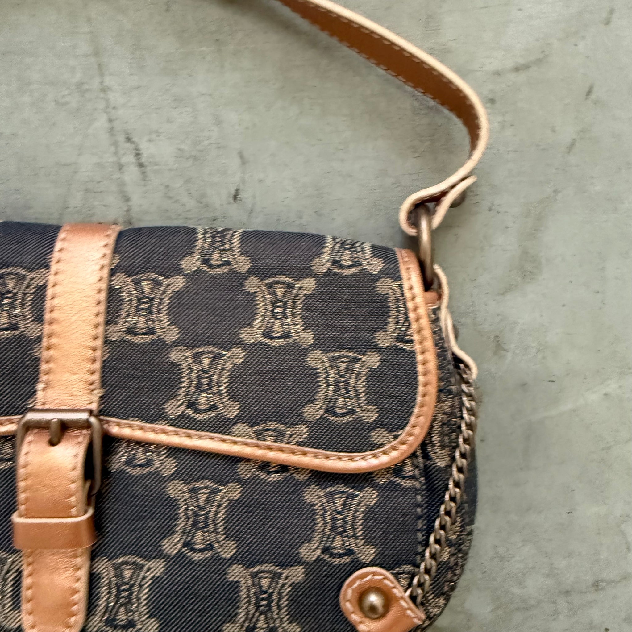 Celine Macadam Canvas Shoulder Bag Denim with Gold Chain Detail