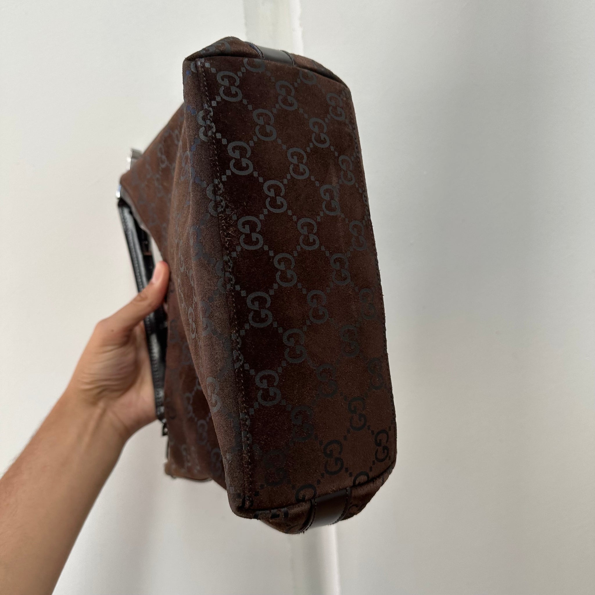 Gucci GG Shoulder Bag Suede Canvas Brown