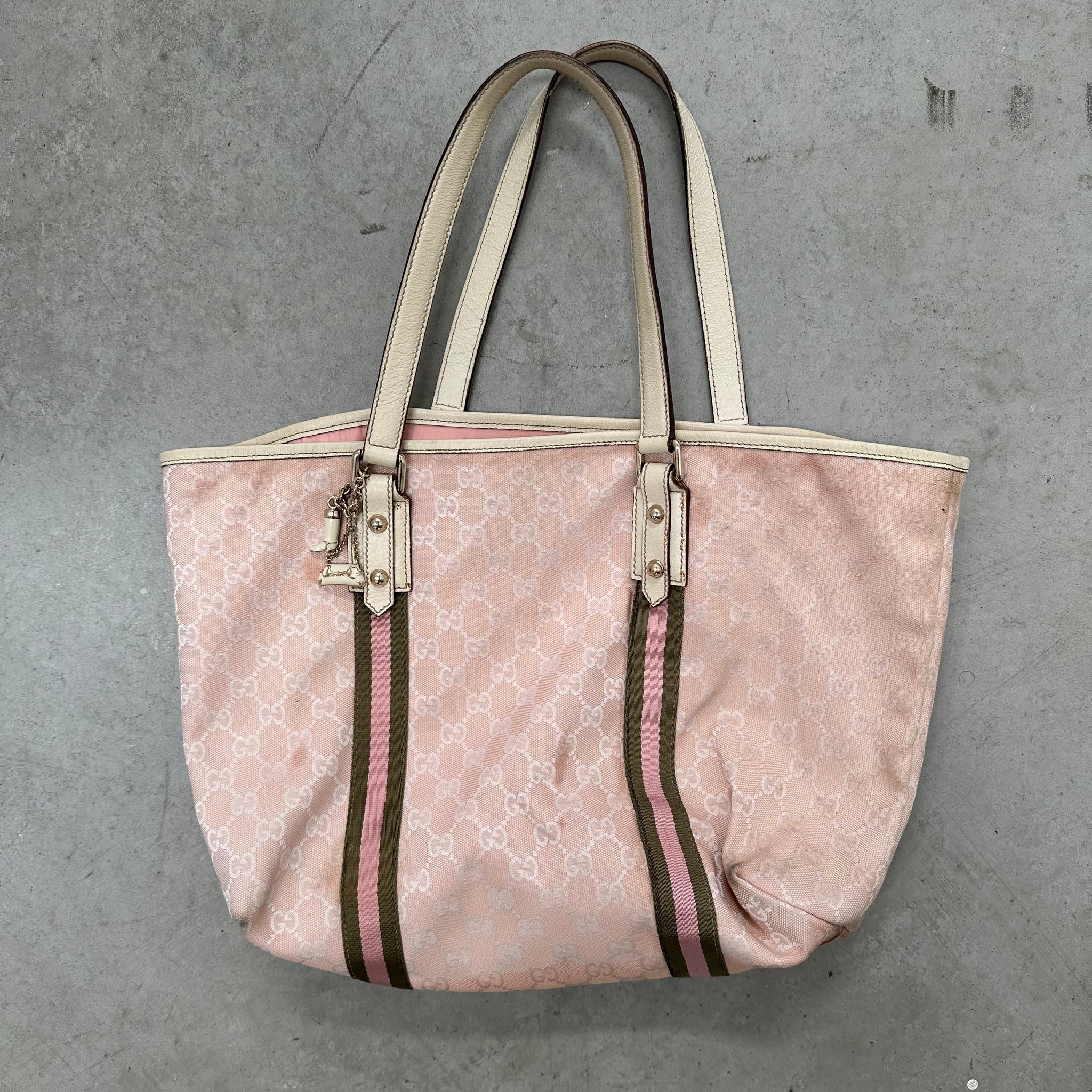 Gucci Stripe Charm Hand Bag Canvas Pink