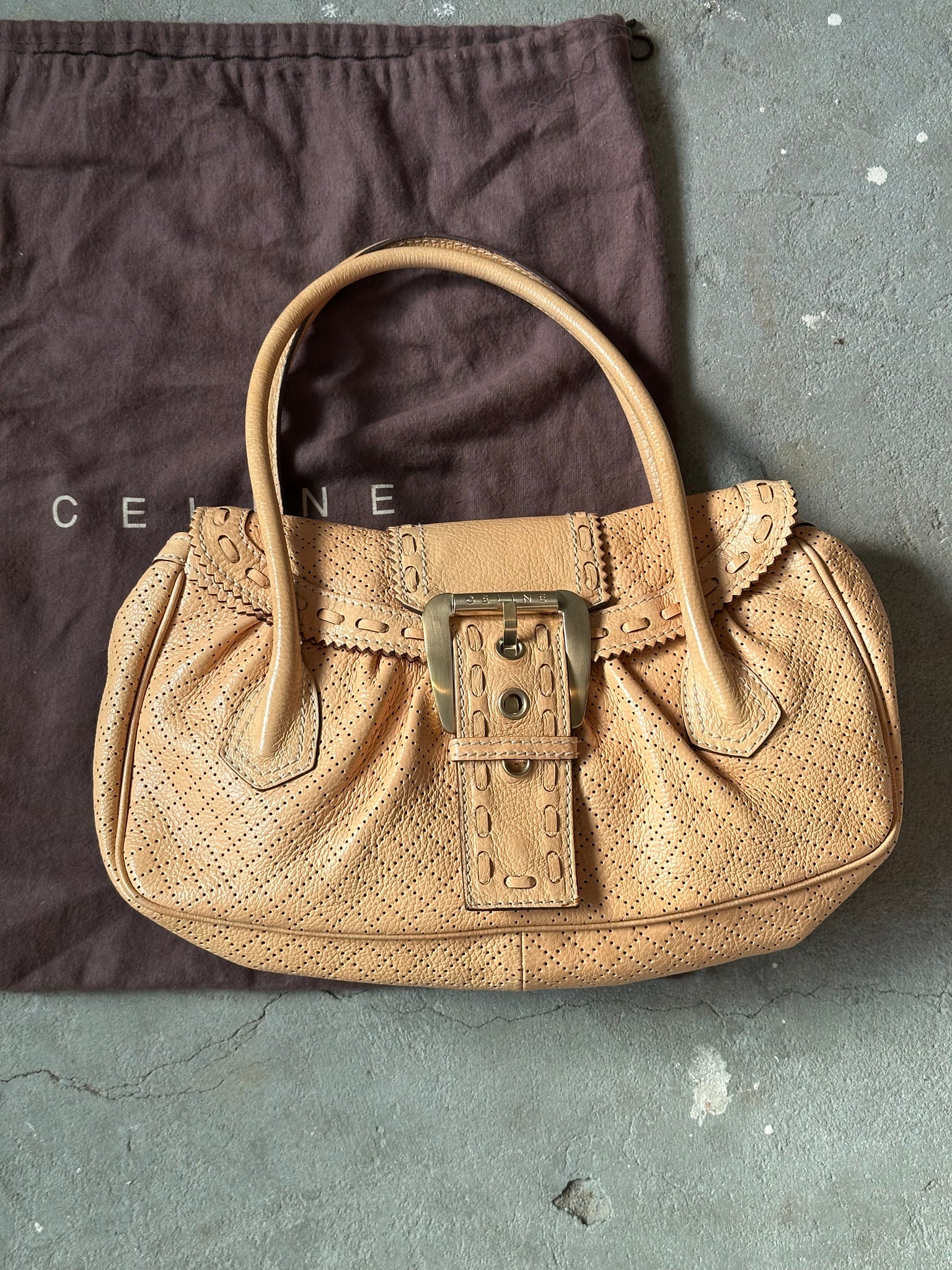 Celine Perforated Leather Shoulder Bag Beige