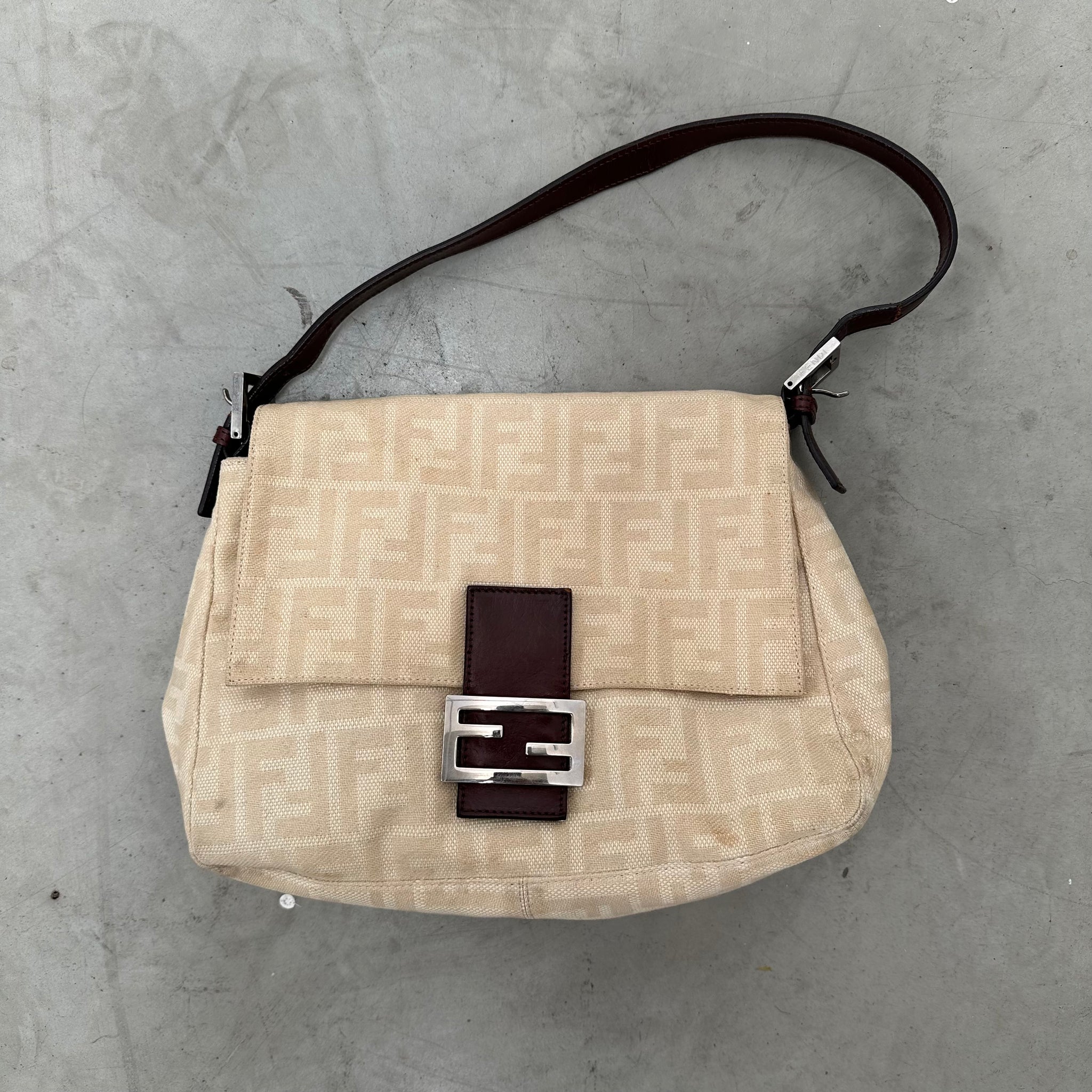 Fendi Zucca Canvas Mamma Baguette Beige Shoulder Bag