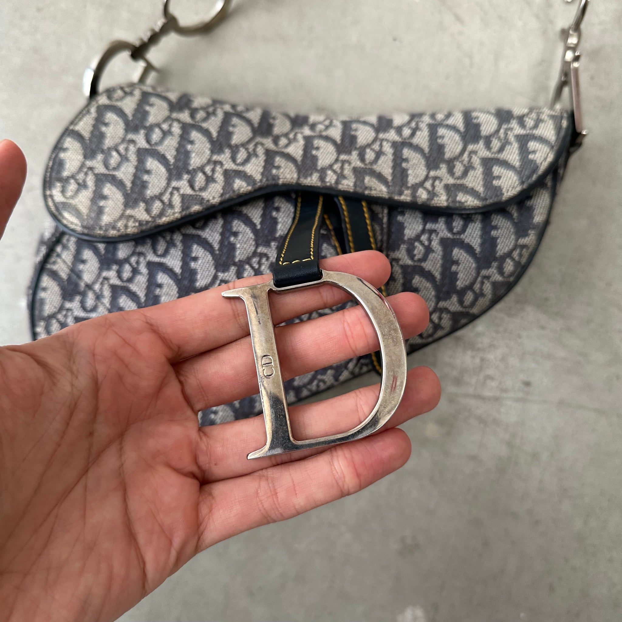 Dior Trotter Saddle Shoulder Bag Canvas Leather Navy Silver Hardware (2003)