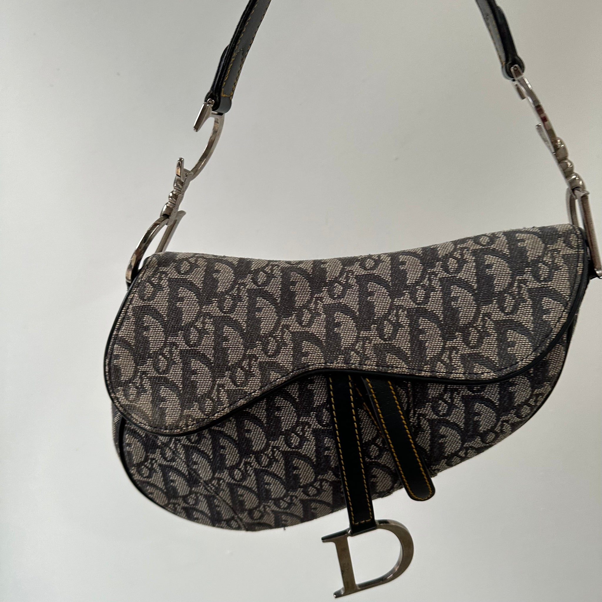 Dior Trotter Saddle Shoulder Bag Canvas Leather Navy Silver Hardware (2003)