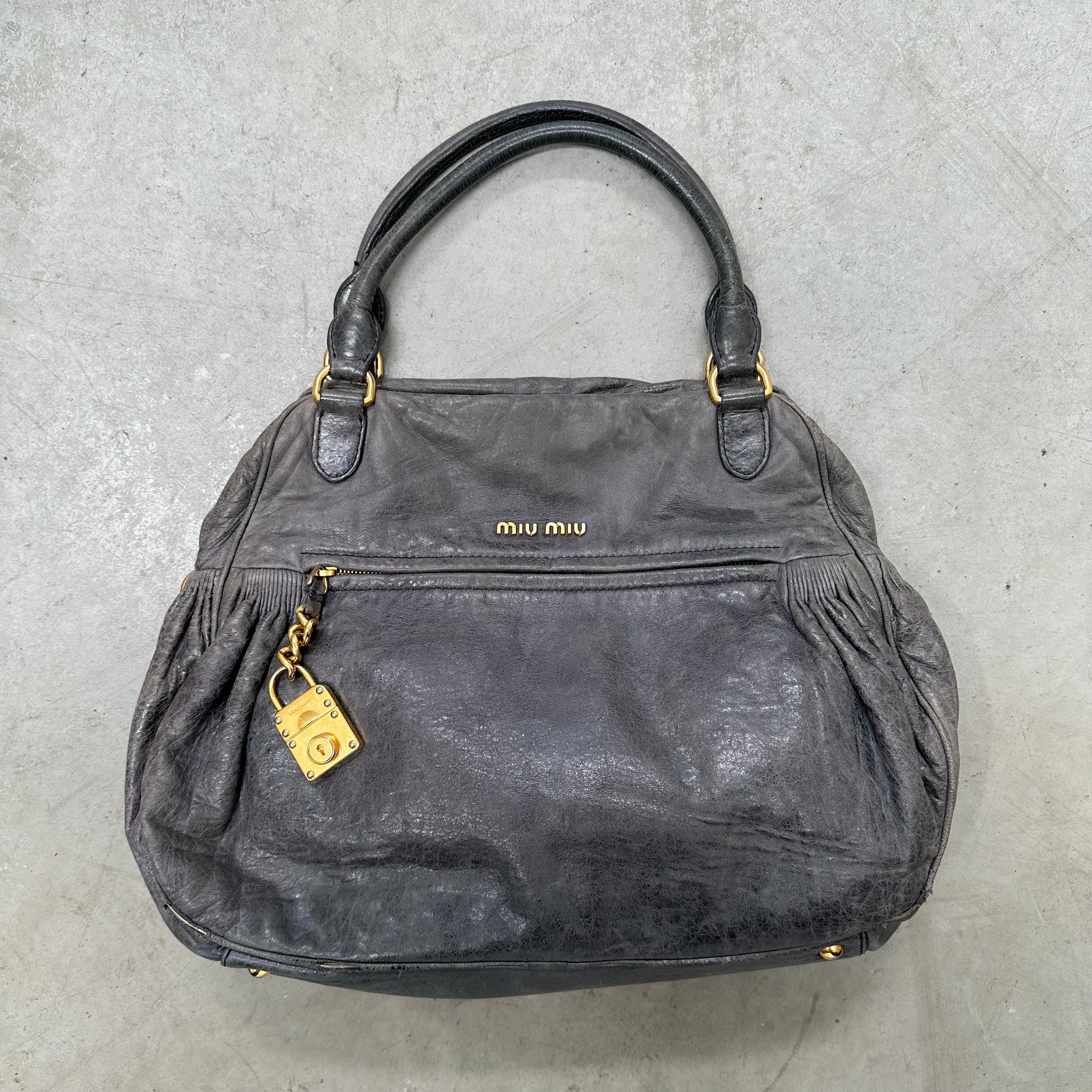 Miu Miu Padlock Charm Grey Leather Shoulder Bag