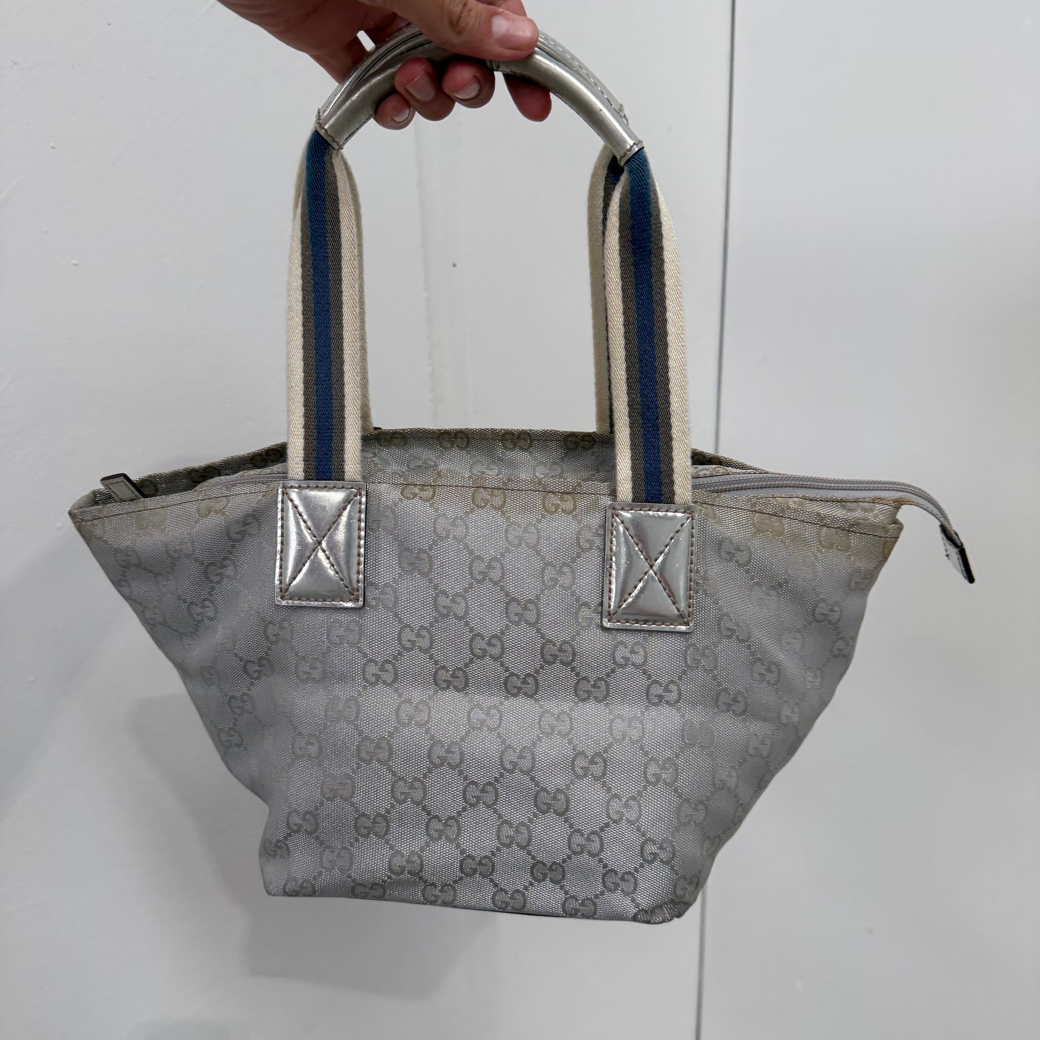 Gucci Bucket Hand Bag Silver Canvas