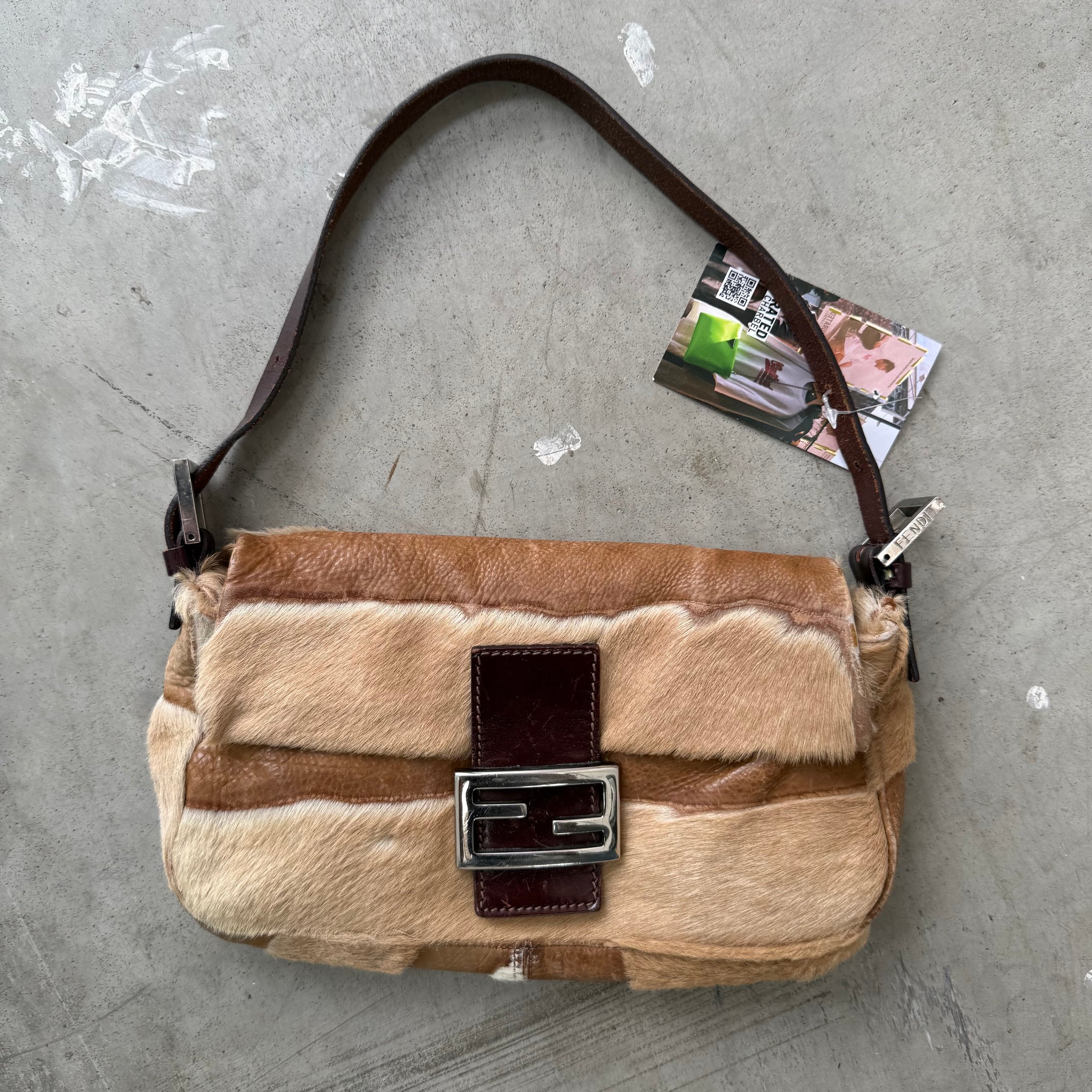 Fendi Leather and Ponyskin Patchwork Baguette Shoulder Bag