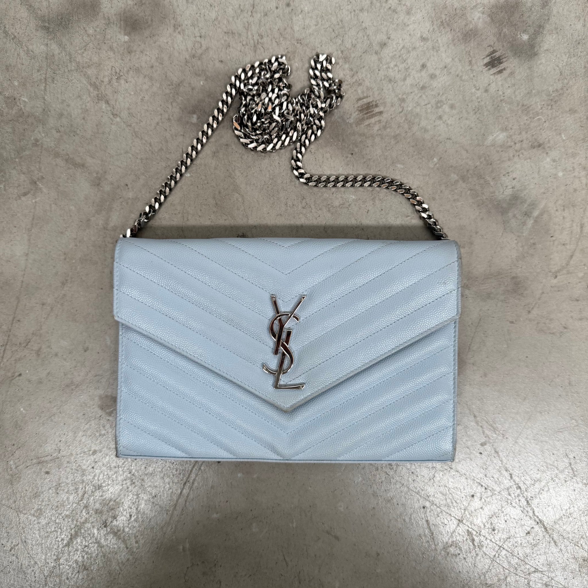 Saint Laurent Grain De Poudre Matelasse Chevron Monogram Chain Wallet