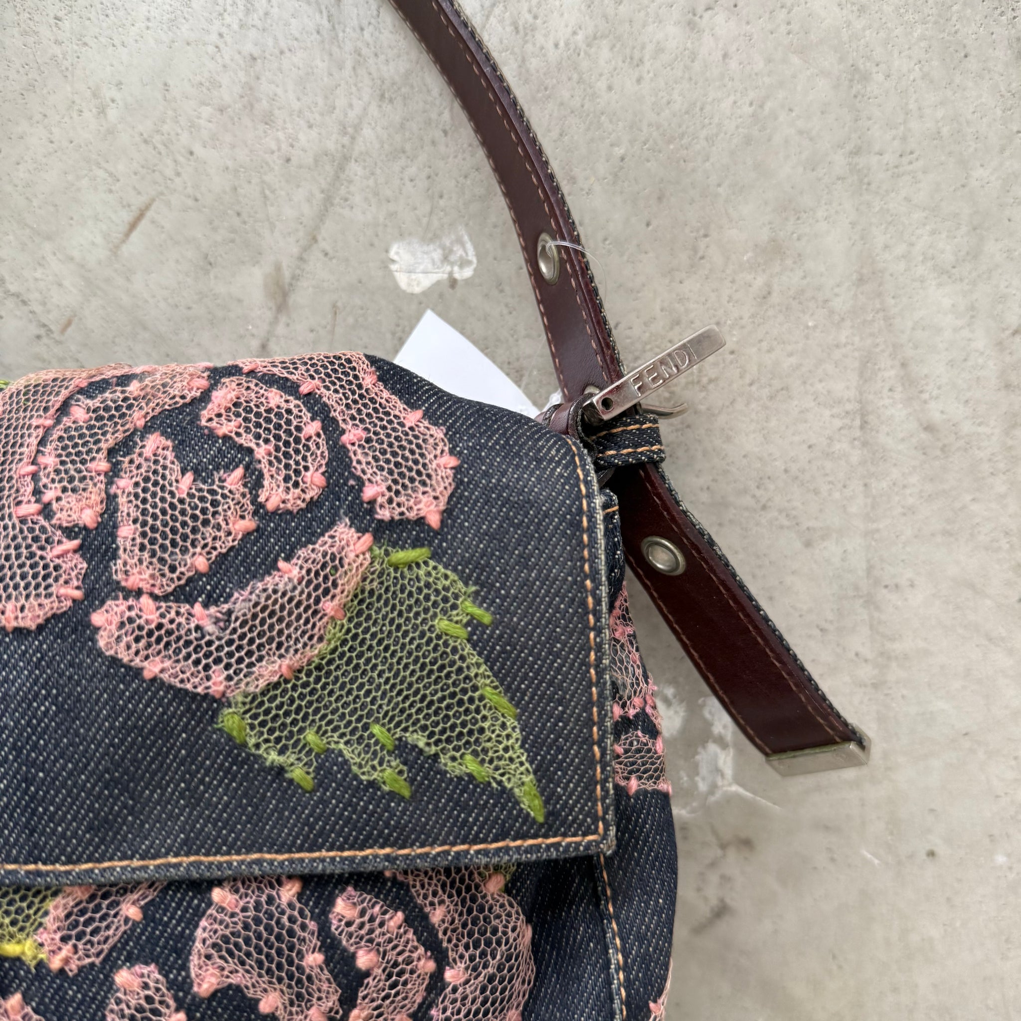 Fendi Baguette Denim with Flower Detail Silver Hardware