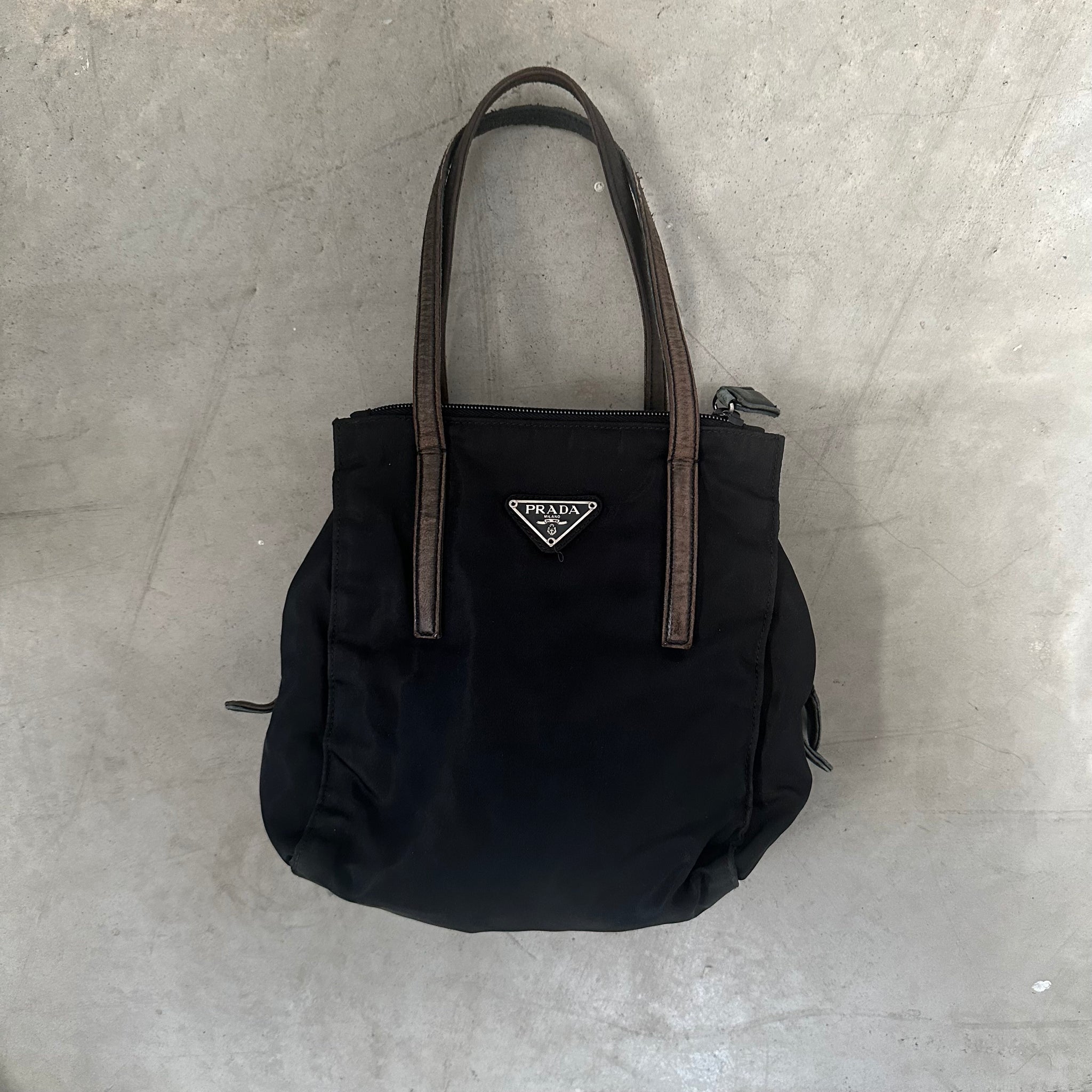 Prada Nylon Black Multi Pocket Leather Handle Hand Bag