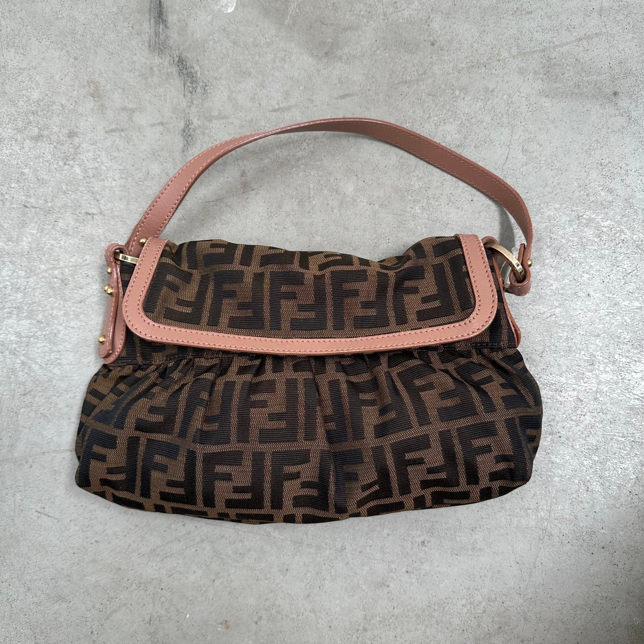 Fendi Zucca Print Canvas Leather Shoulder Bag Brown Pink