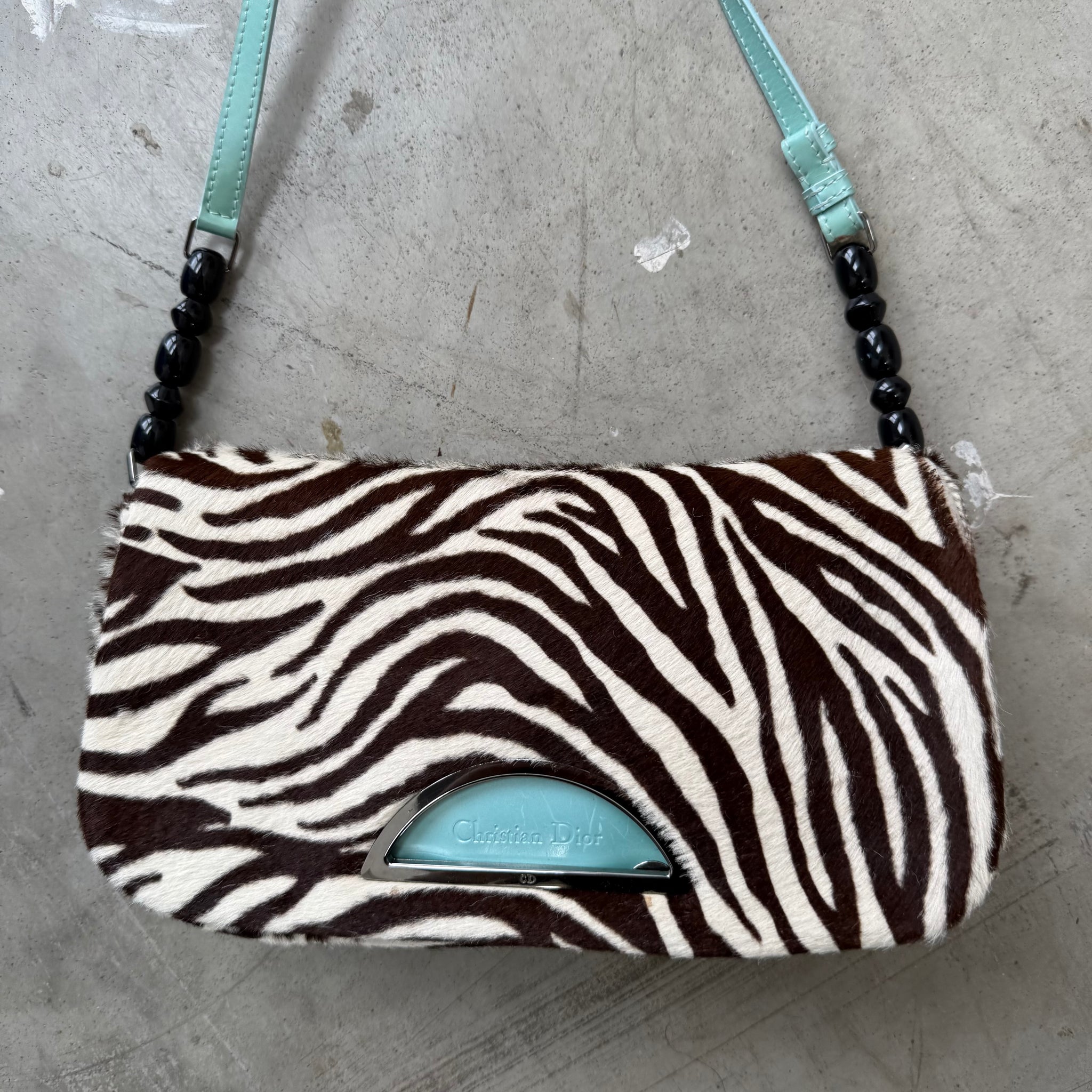 Dior Mint Green Zebra Print Pony Hair and Patent Leather Malice Shoulder Bag