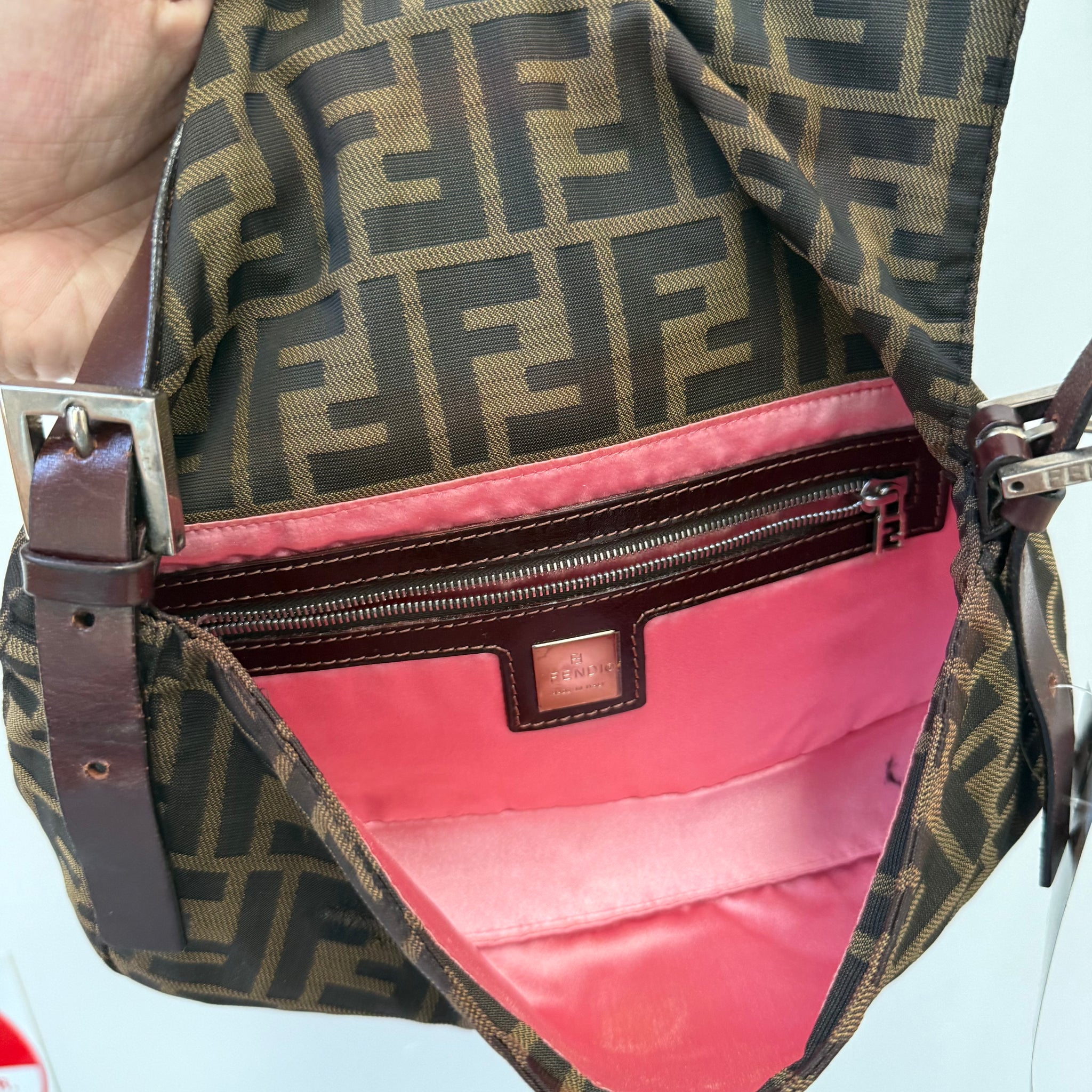 Fendi Zucca Print Baguette Bag with Pink Buckle