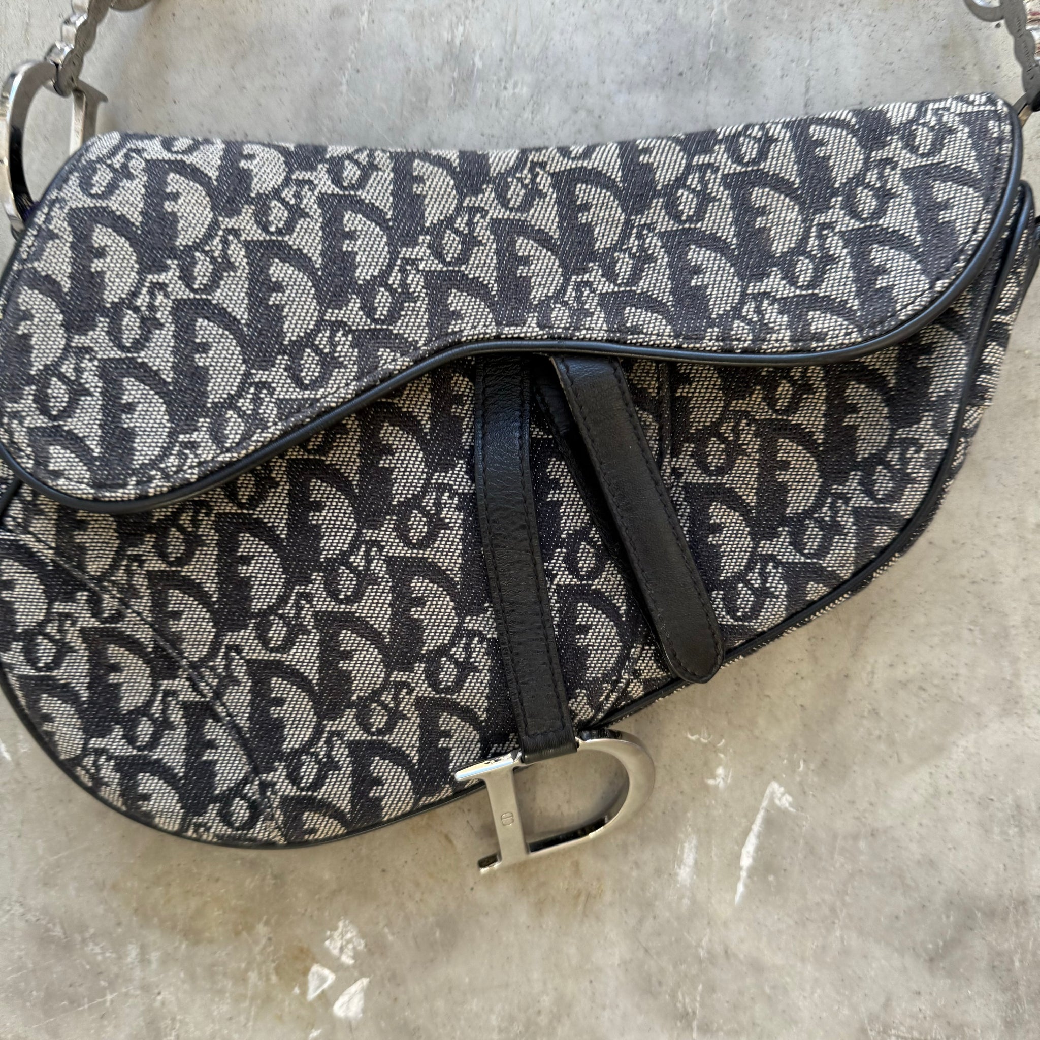 Dior Trotter Saddle Shoulder Bag Canvas Leather Navy Silver Hardware (2005)