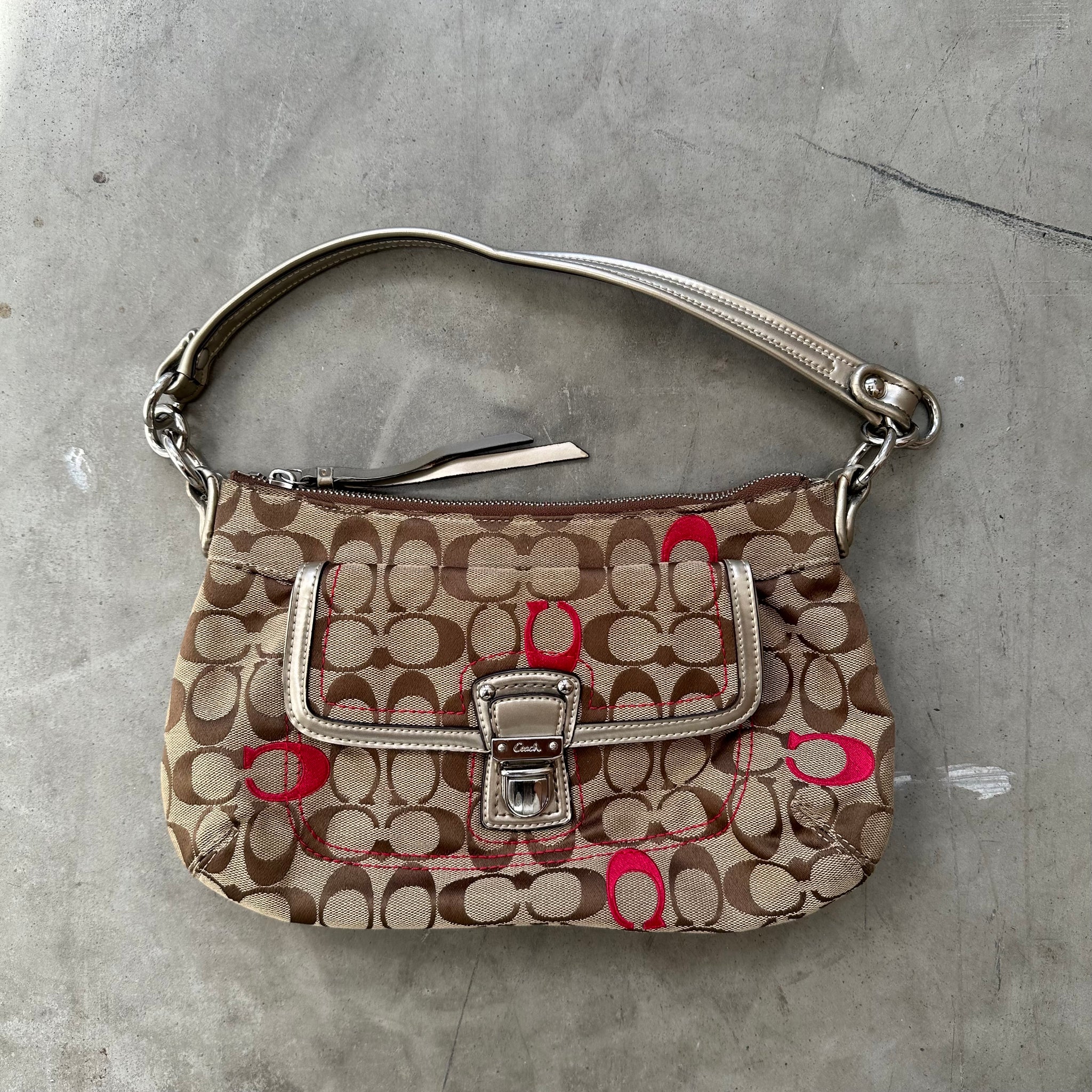 Coach Embroidered Signature Hand Bag Beige/Red