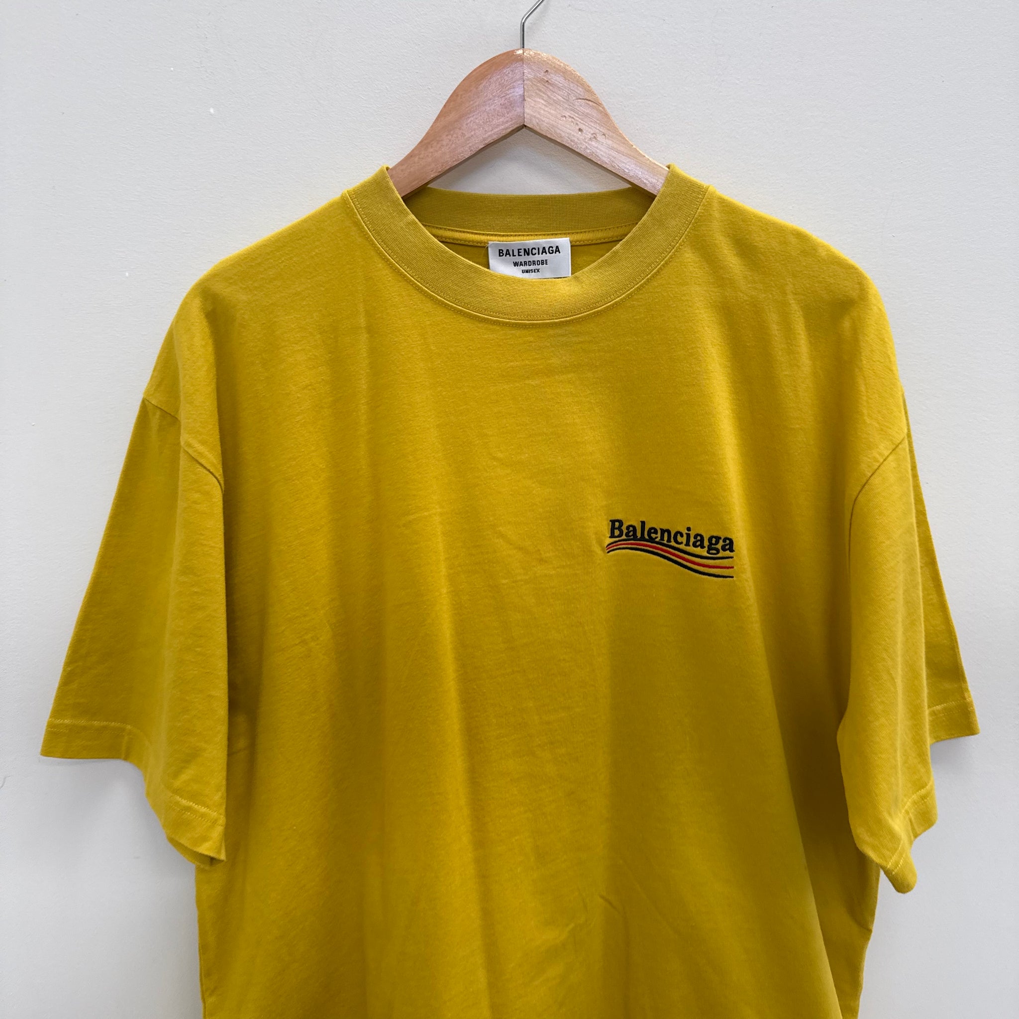 Balenciaga Embroided Campaign Yellow Logo T Shirt (fits L-XL)