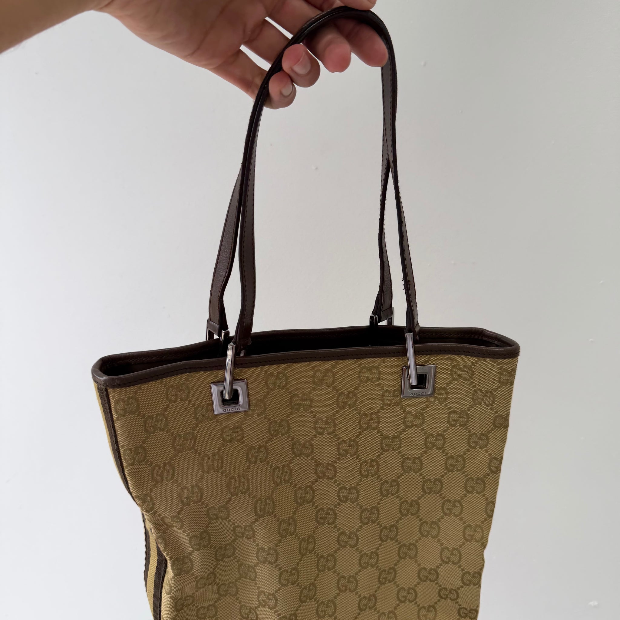 Gucci Side Stripe Metal Square Tote Bag Beige Canvas