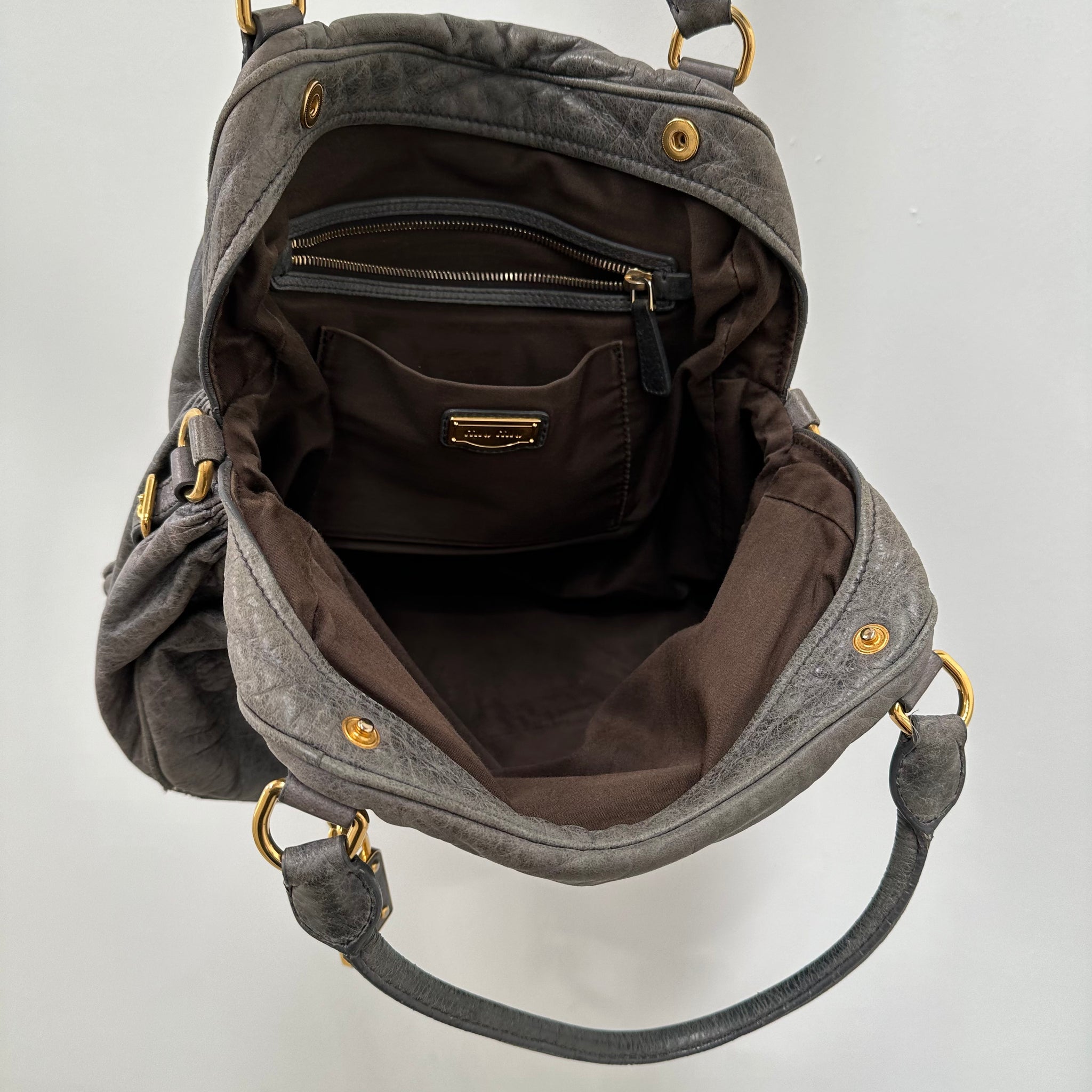 Miu Miu Padlock Charm Grey Leather Shoulder Bag