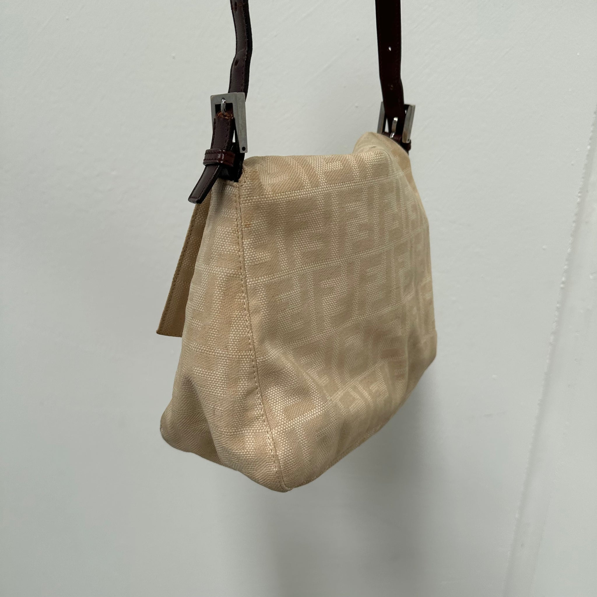 Fendi Zucca Canvas Mamma Baguette Beige Shoulder Bag