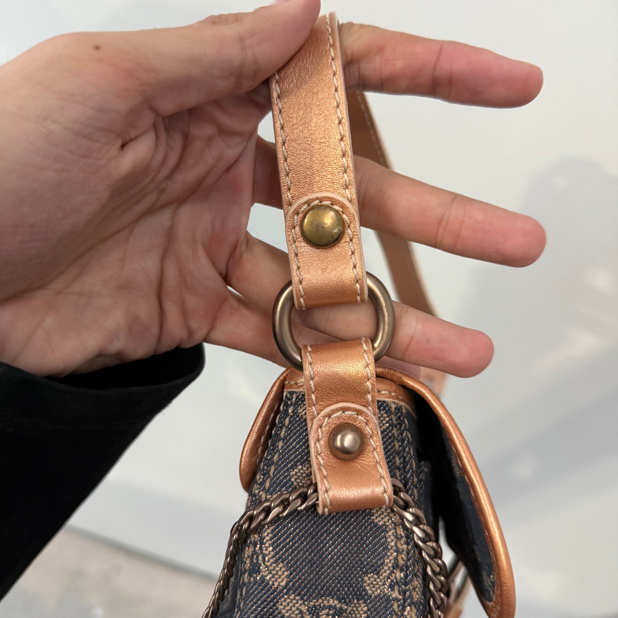 Celine Macadam Canvas Shoulder Bag Denim with Gold Chain Detail