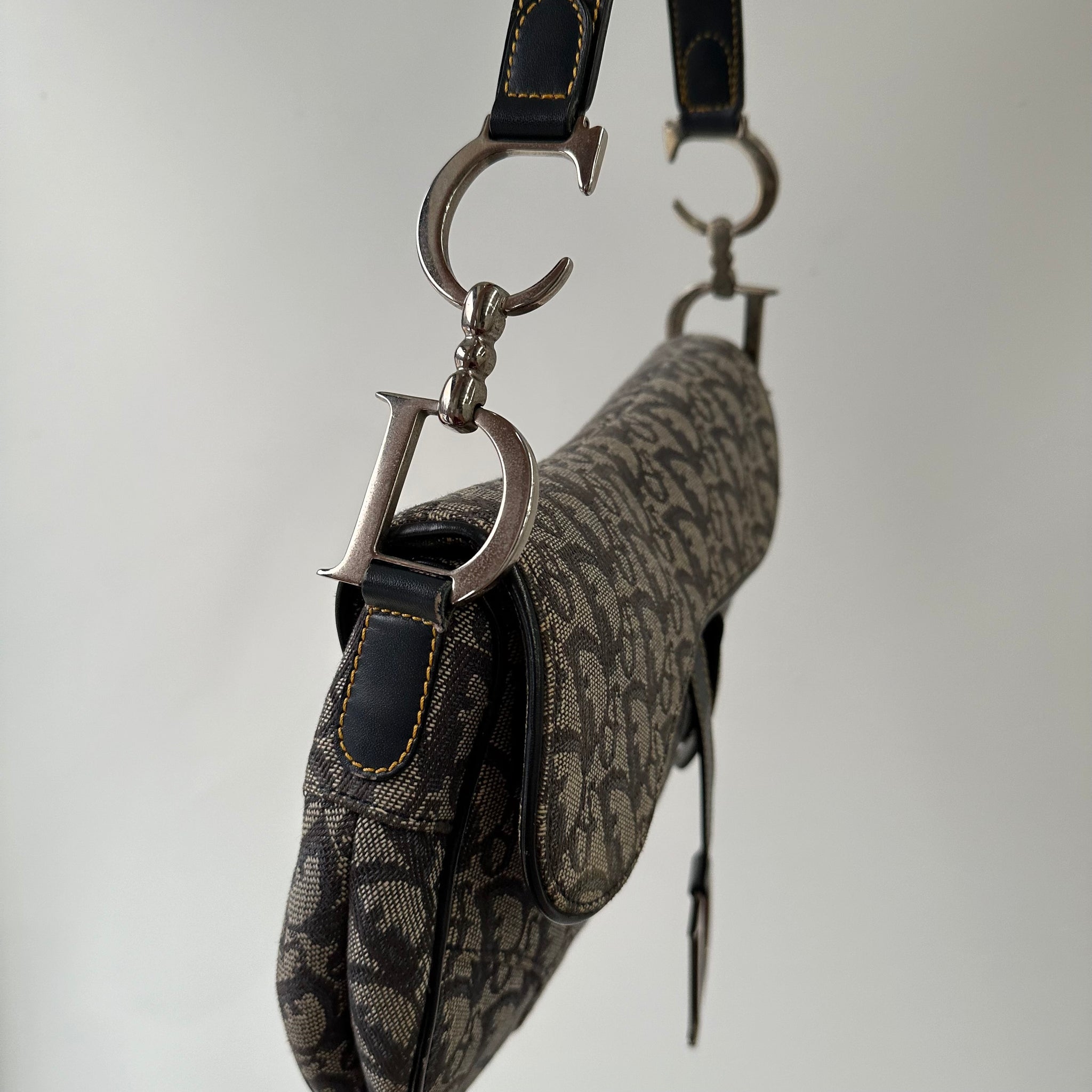 Dior Trotter Saddle Shoulder Bag Canvas Leather Navy Silver Hardware (2003)