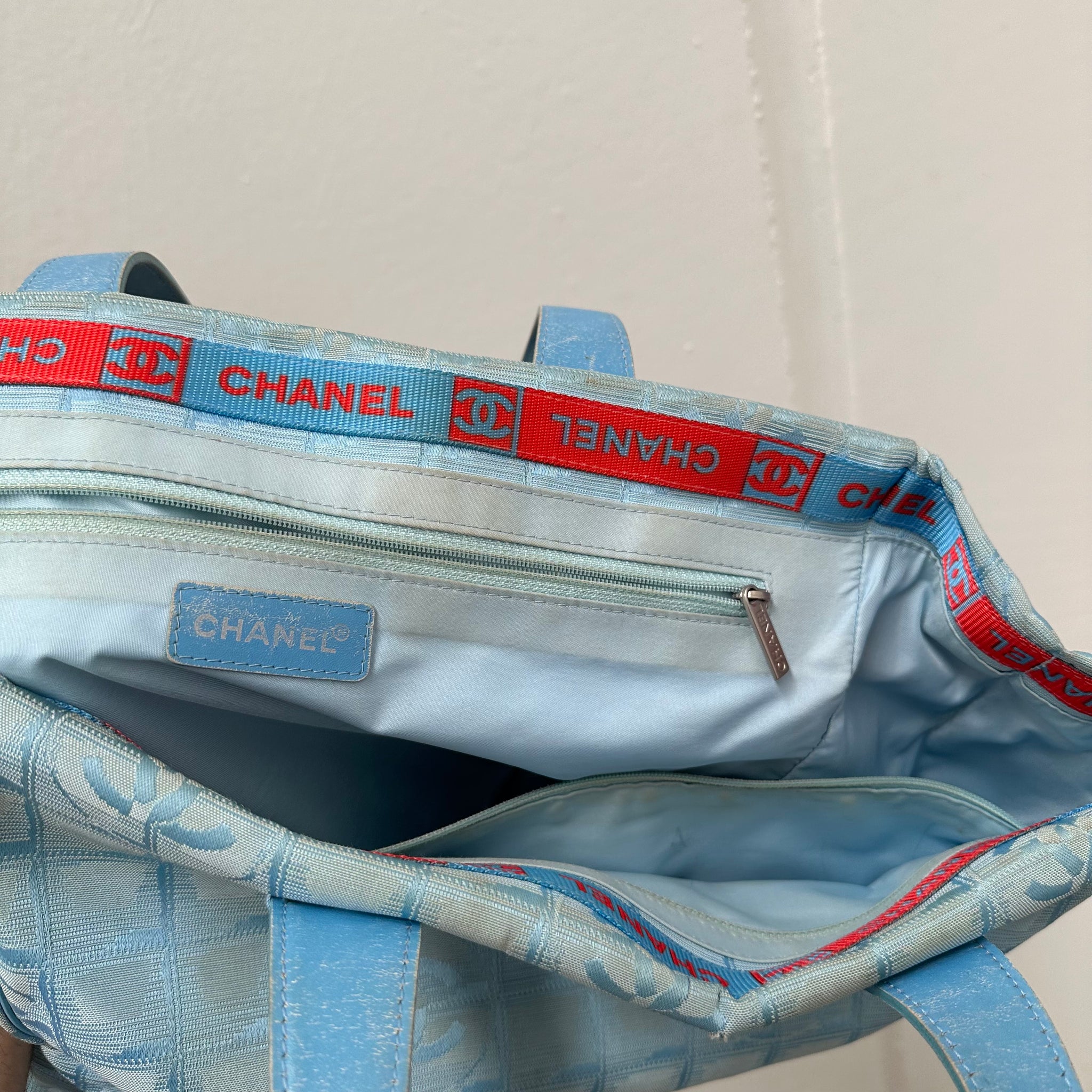 Chanel Travel Line Jacquard Nylon Tote Bag Light Blue