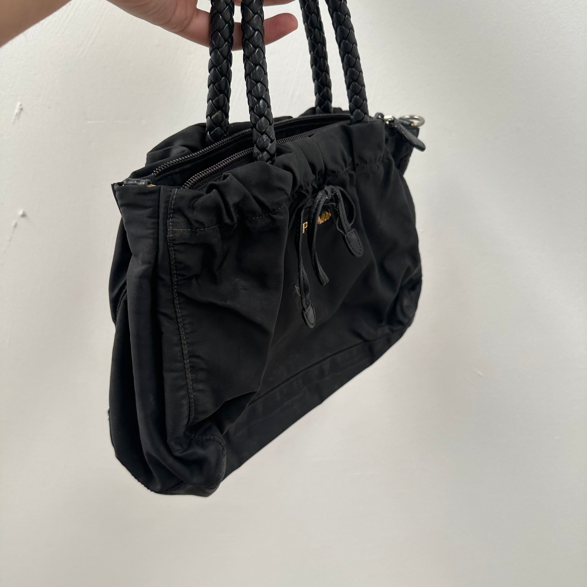 Prada Ribbon Front Logo Hand Bag Nylon Black