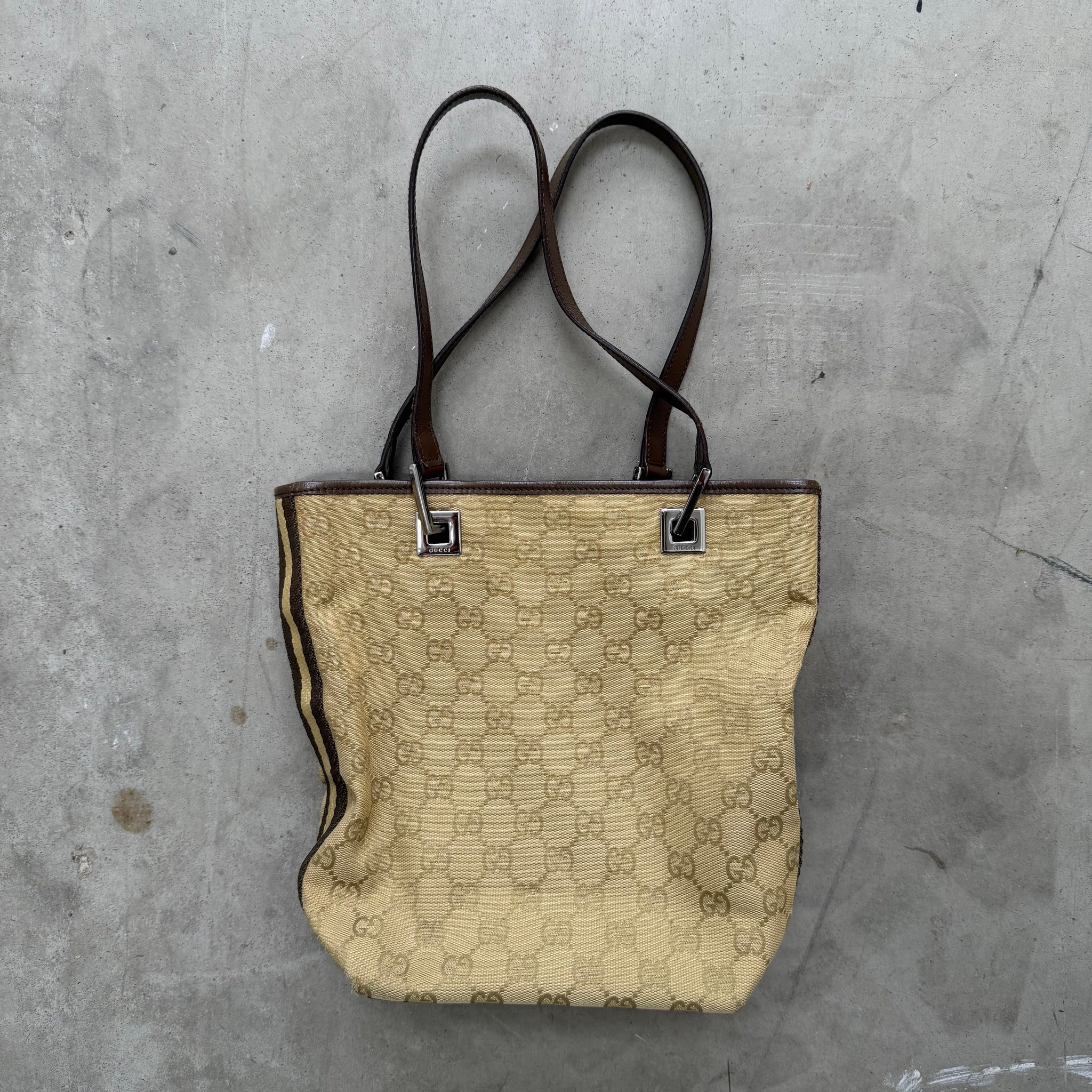 Gucci Side Stripe Metal Square Tote Bag Beige Canvas
