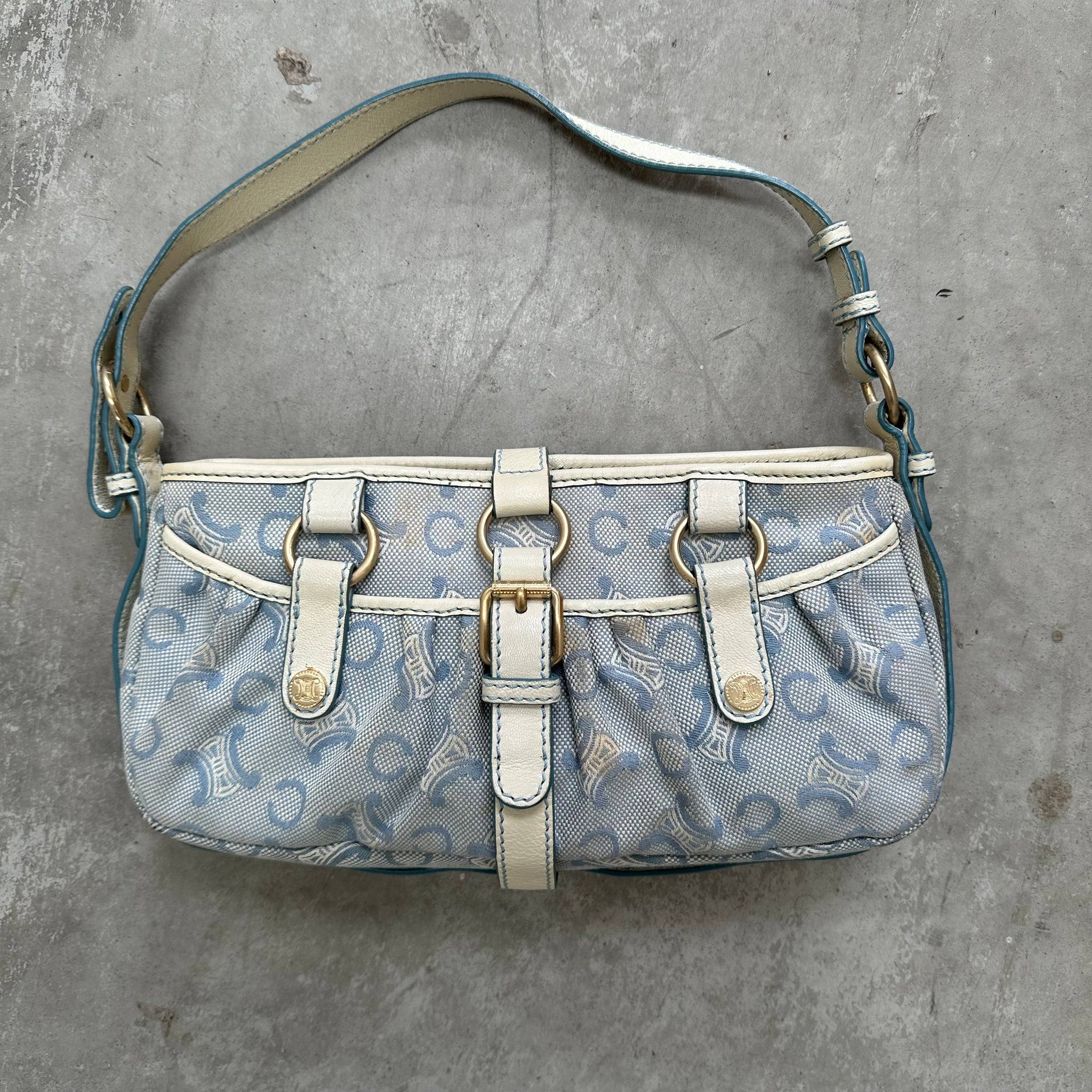 Celine Blue/White Macadam Canvas Hobo Shoulder Bag