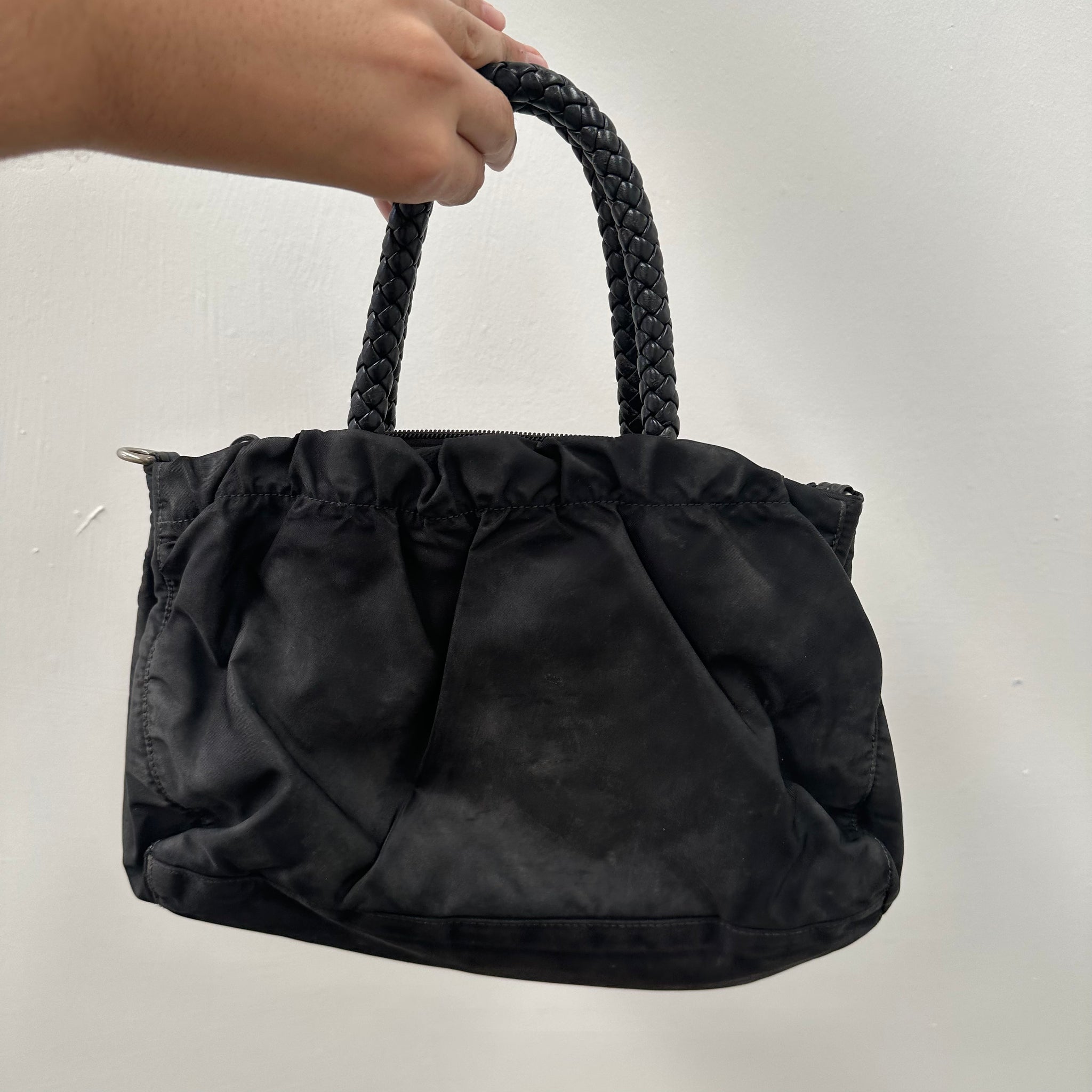 Prada Ribbon Front Logo Hand Bag Nylon Black
