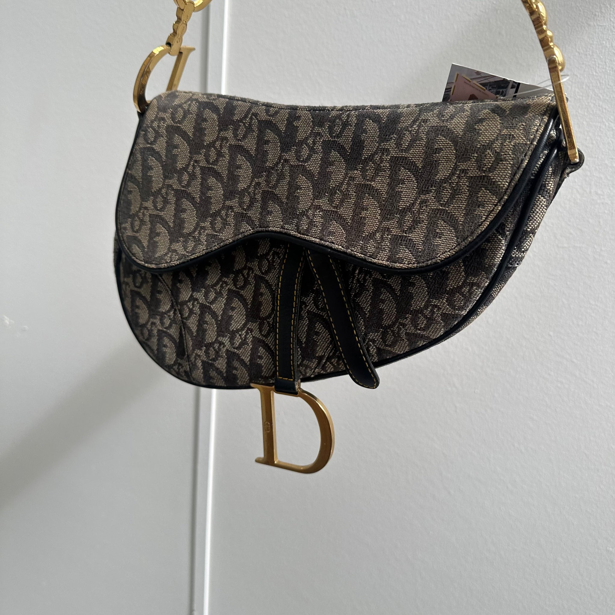 Dior Trotter Saddle Shoulder Bag Canvas Leather Navy Gold Hardware (2003)